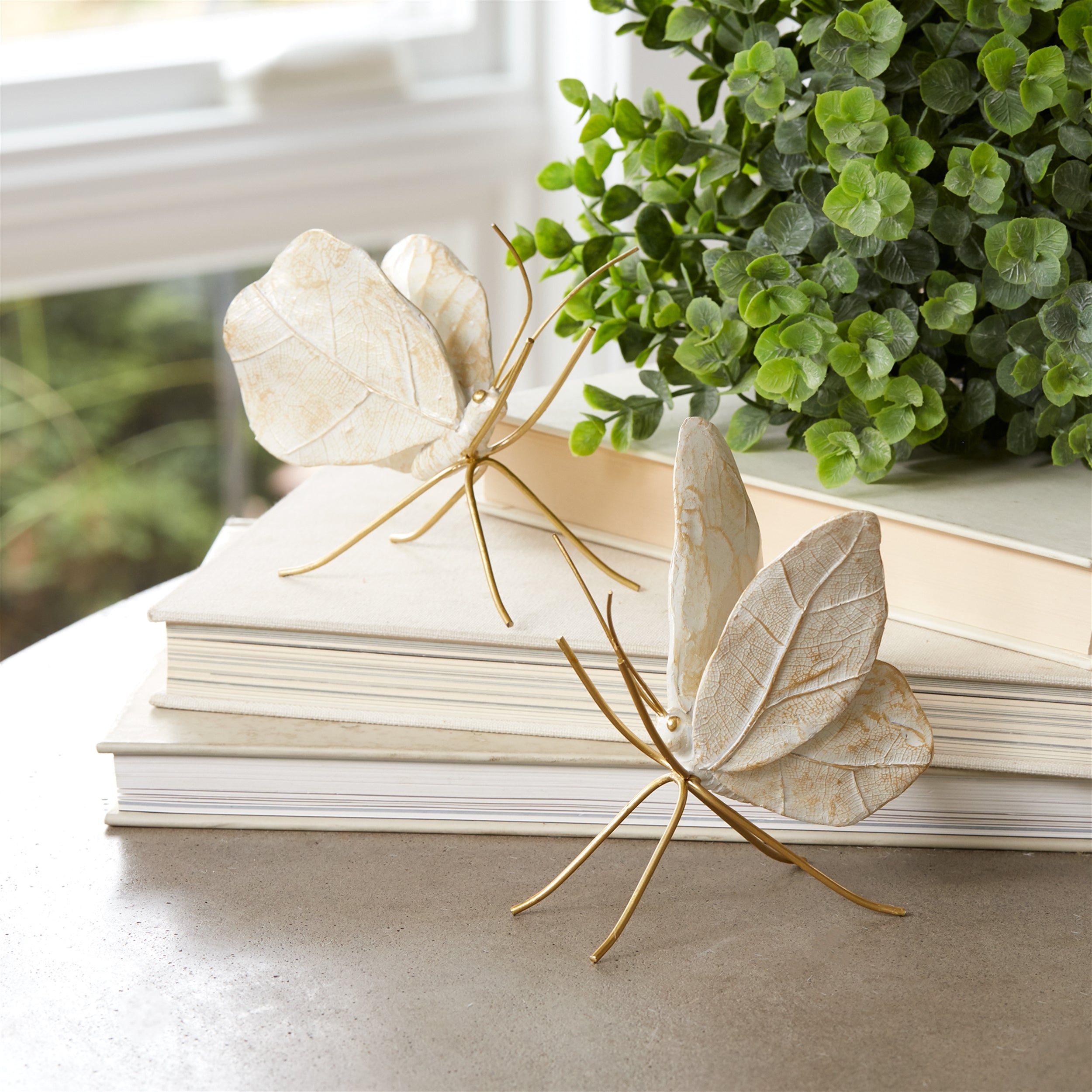 Leaf Butterfly Shelf Sitter in White, Set of 2