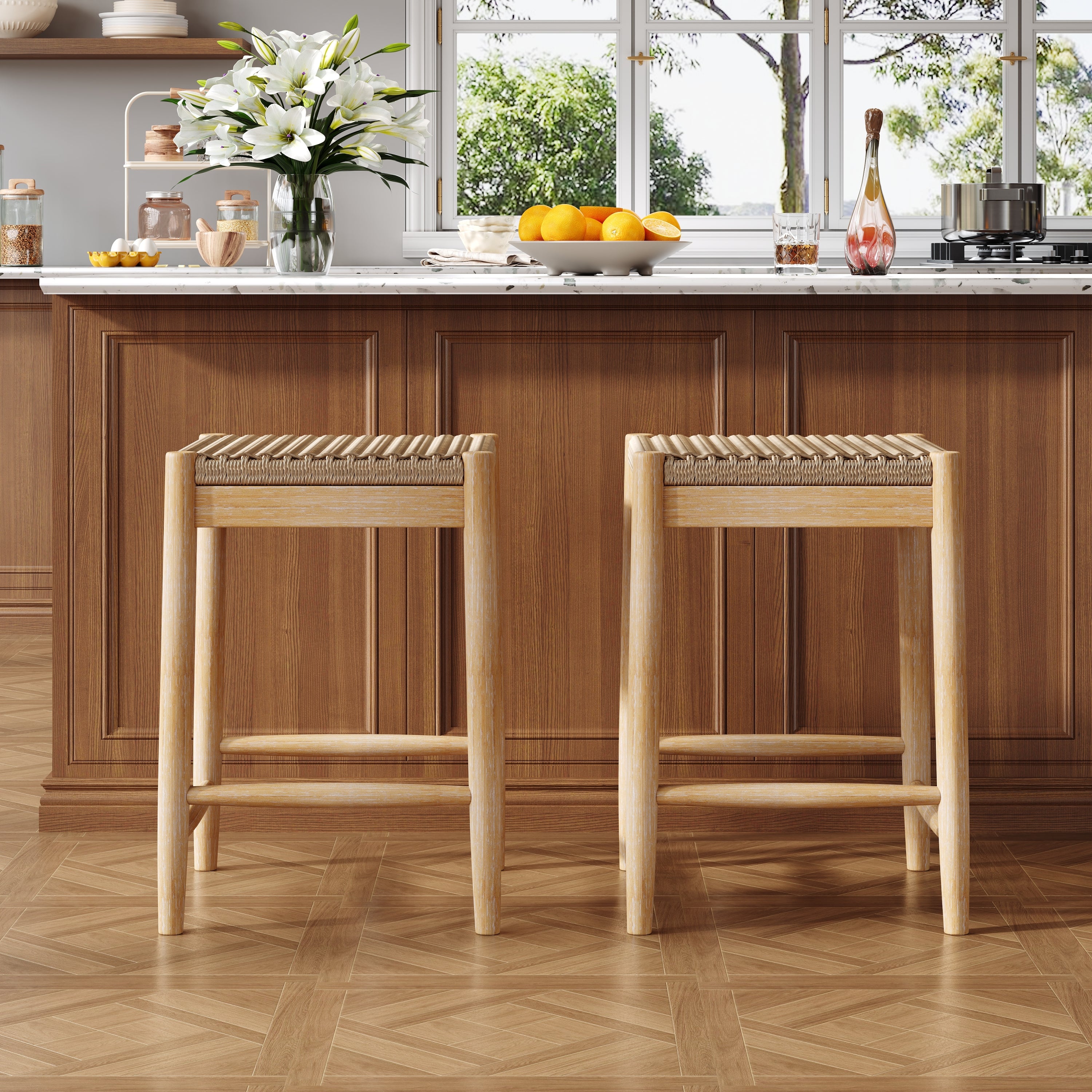 25.8" Boho Wicker Backless Stool Chairs with Acacia Wood Legs, Set of 2