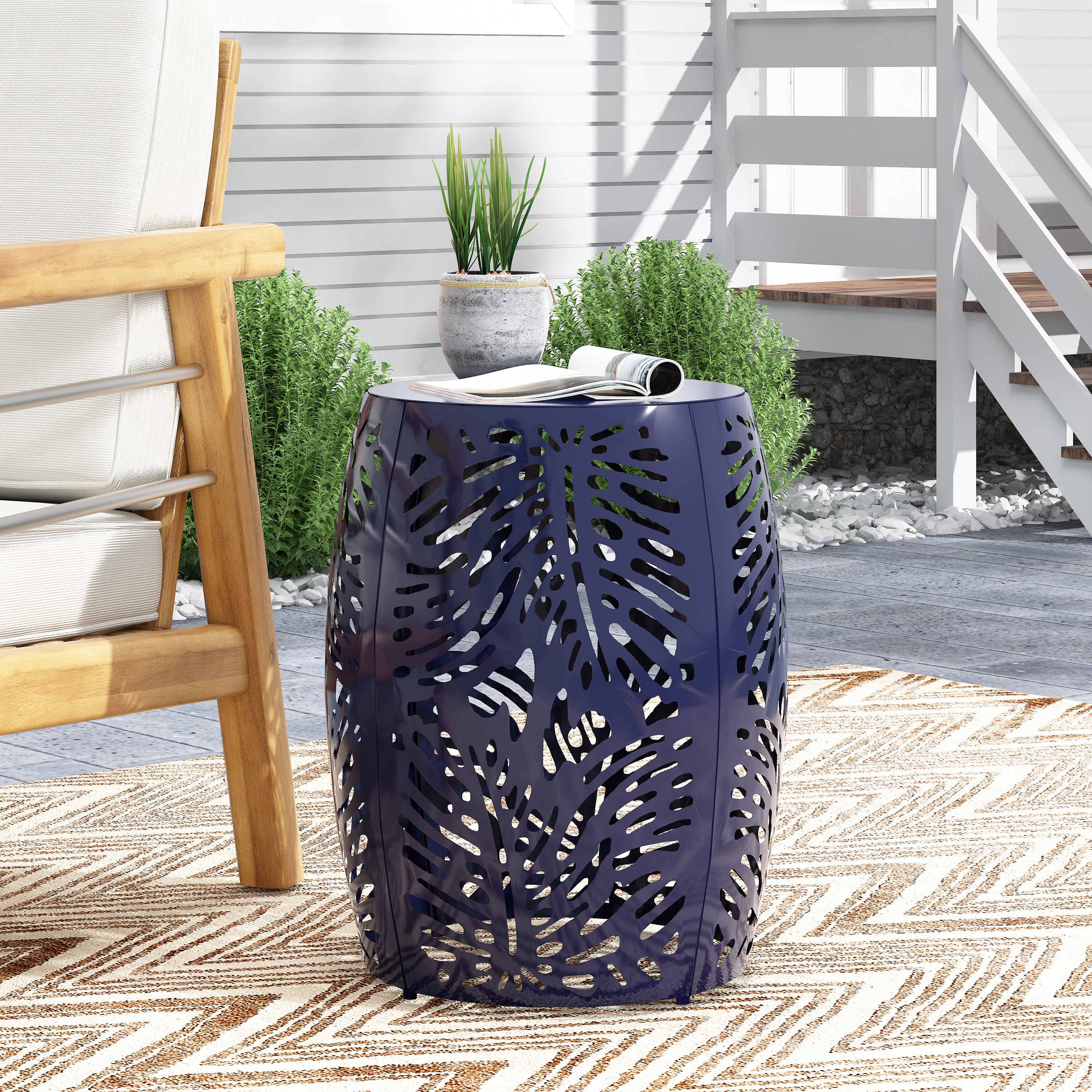 Rebirth Outdoor End Table with Tropical Palm Leaf Pattern and Iron Frame