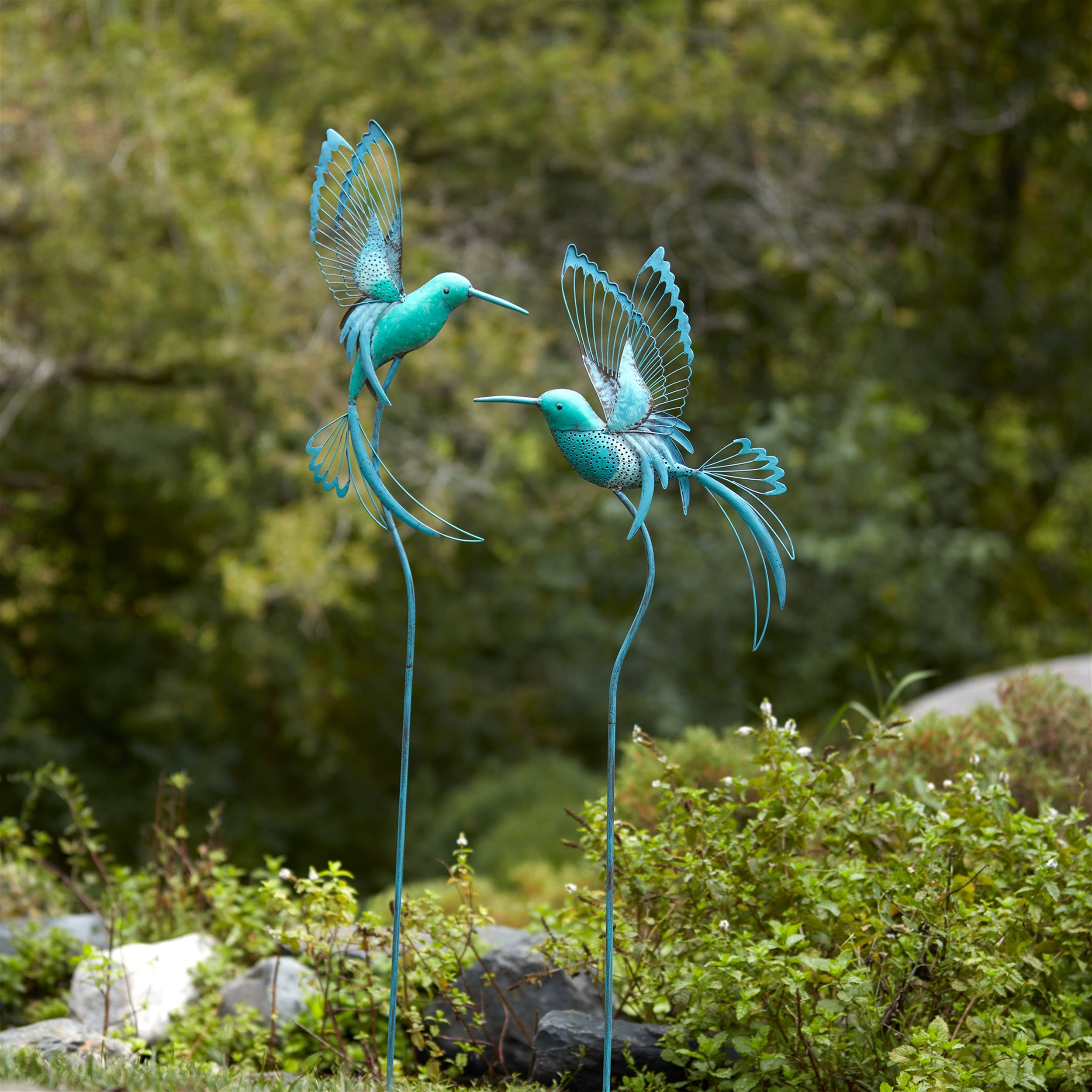 Iron Metal Hummingbird Garden Stake, Set of 2