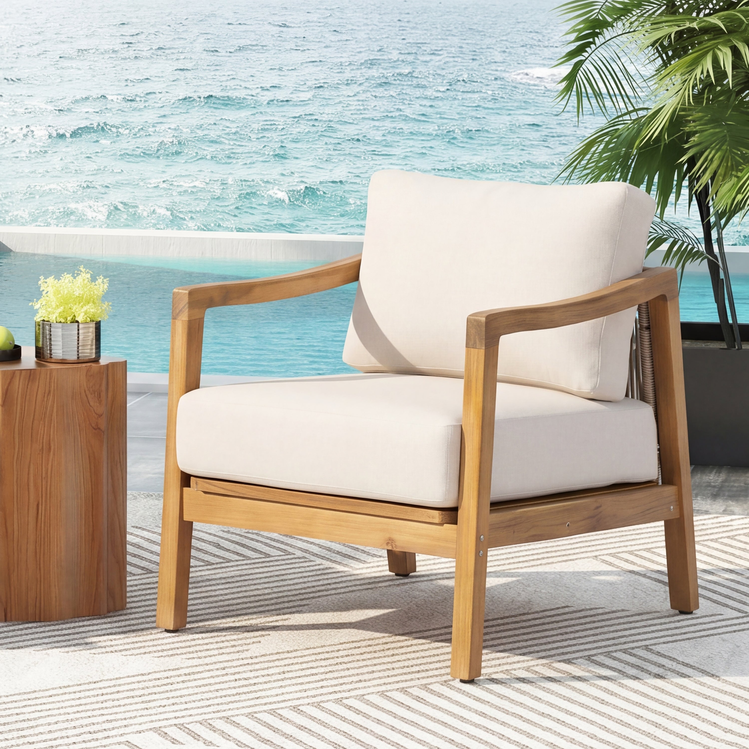 Outdoor Club Chair, Acacia Wood Frame with Rope Back Detail, Water-Repellent Beige Cushions