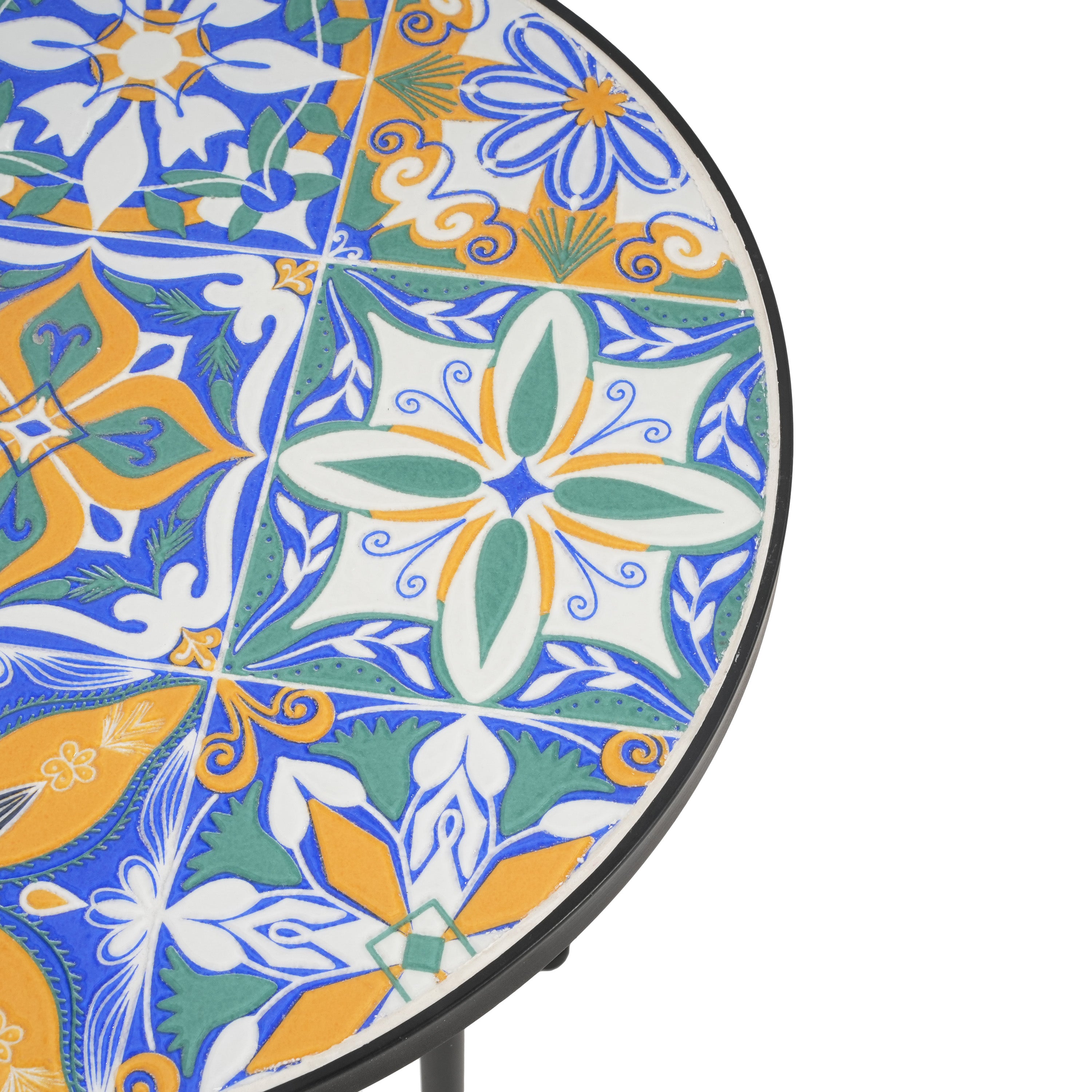 Warmthly Outdoor Round Side Table with Vibrant Tile Top and Elegant Scrolling Legs