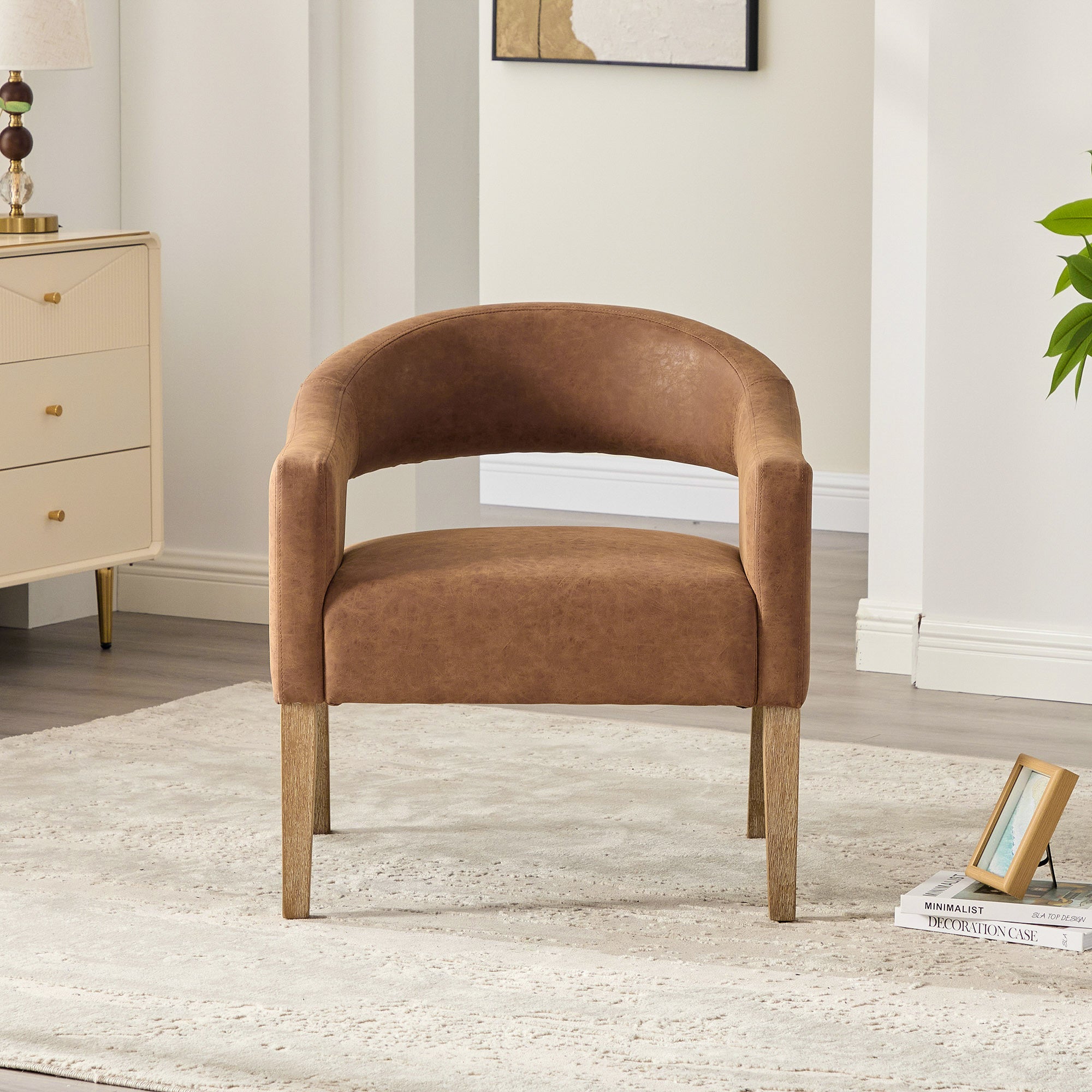 Mid-Century Modern Vegan Leather Open Back Accent Chair with Rubberwood Legs
