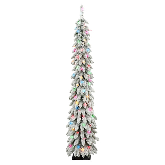 6 ft Pre-lit Flocked Alpine Pencil Tree with Multi-Color Incandescent Lights