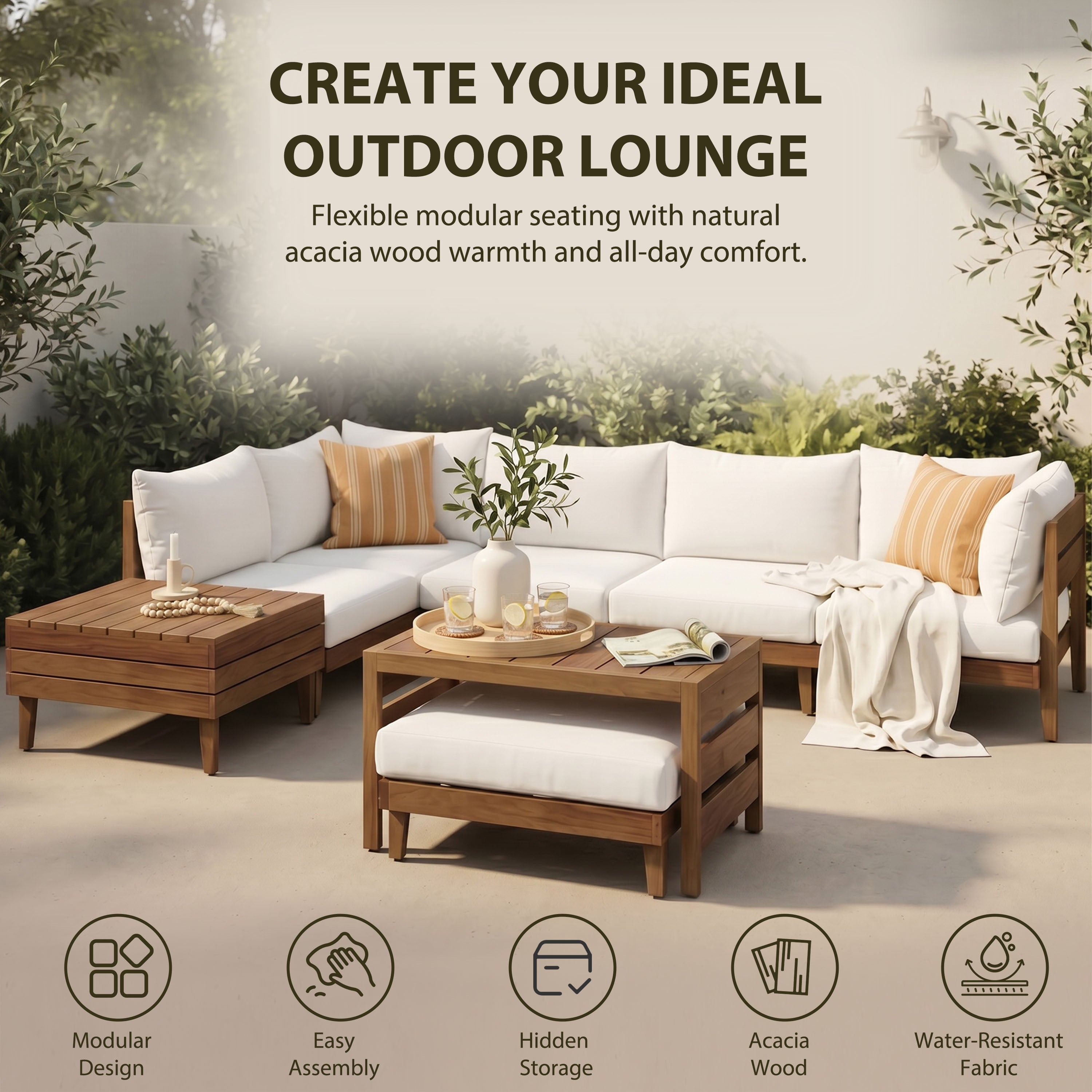 8-Piece Acacia Wood Outdoor Patio Sofa Set, Modular Sectional Furniture Set With Storage Tea Table, Coffee Table And Cushions