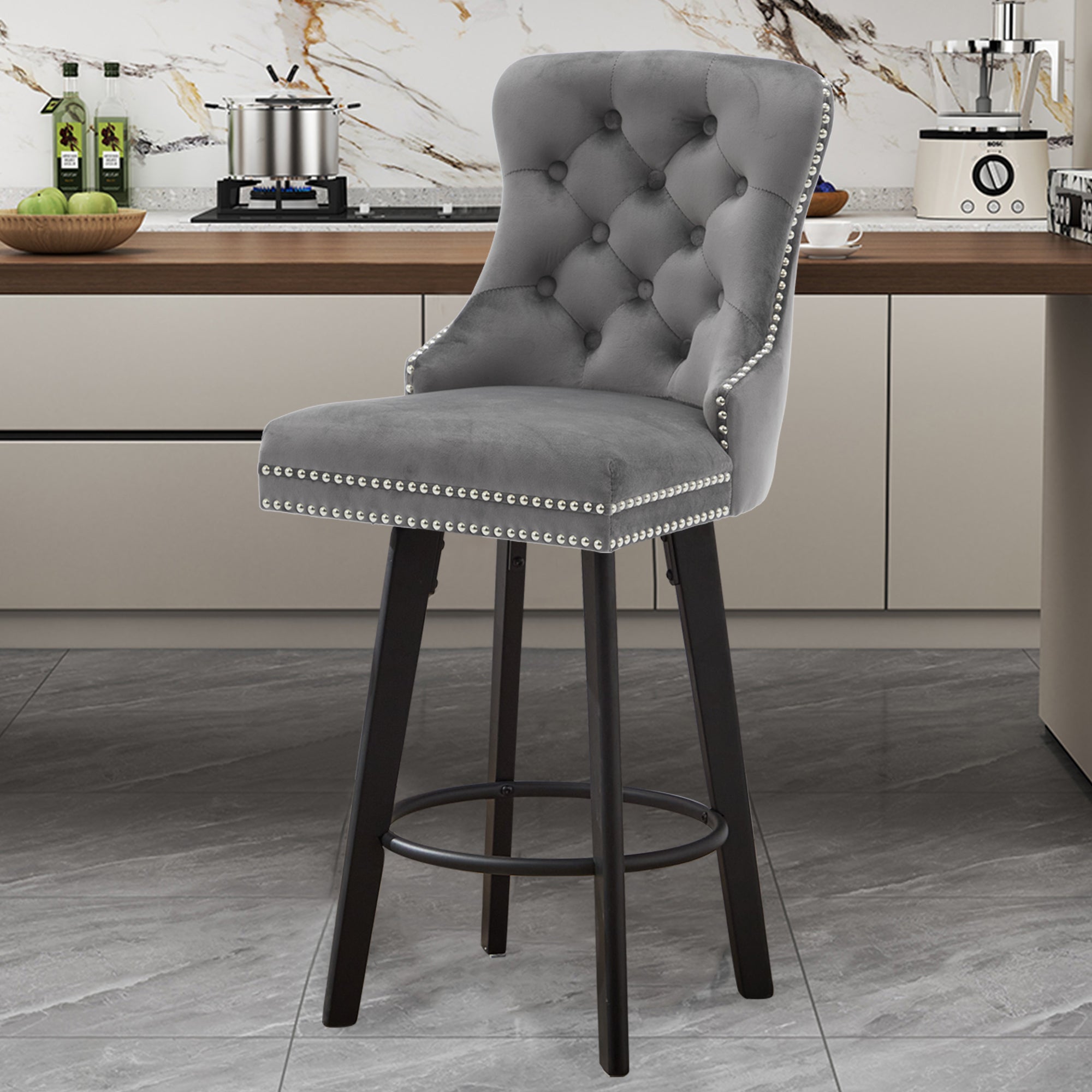 Modern Velvet Button Tufted Swivel Bar Stool with Metal Pull Ring