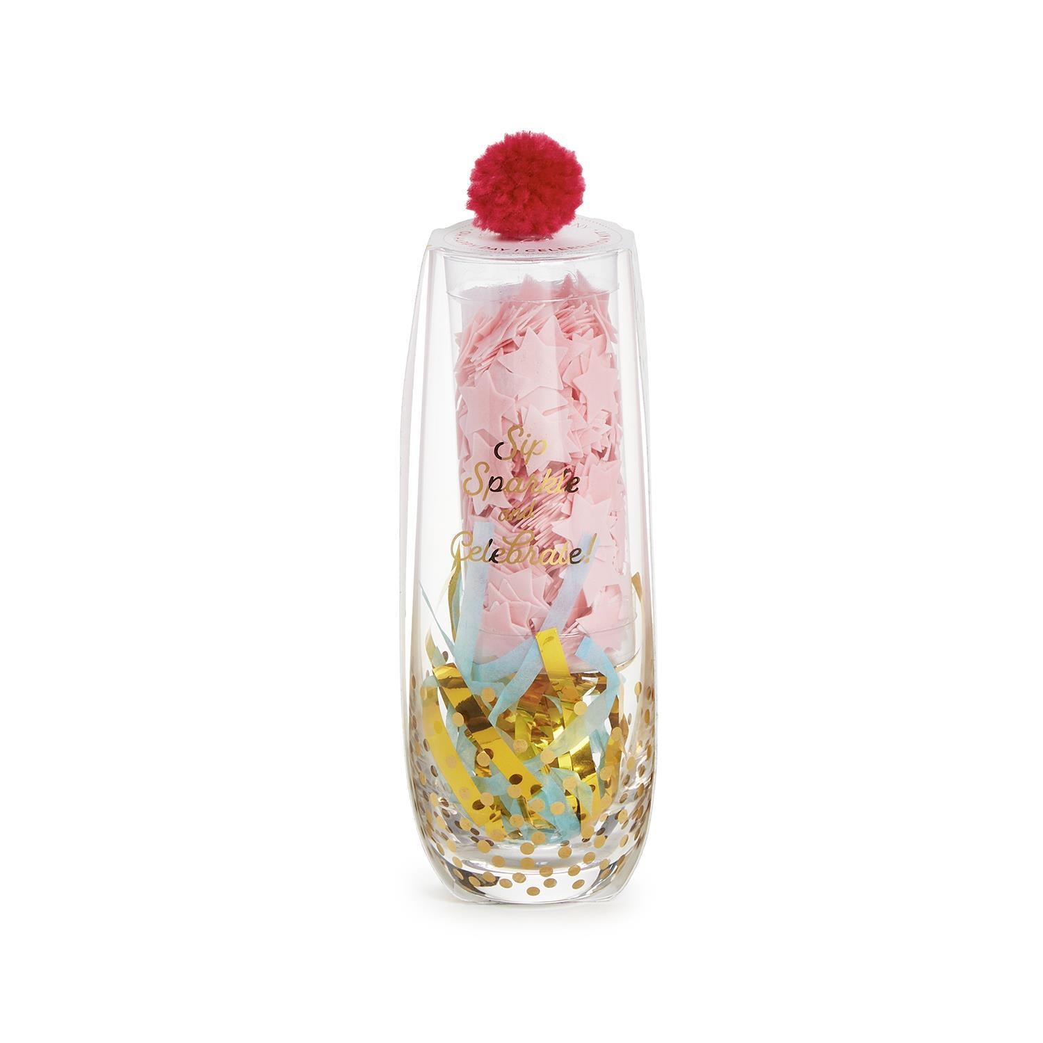 Stemless Champagne Glass with Star Bath Confetti and Noise Maker