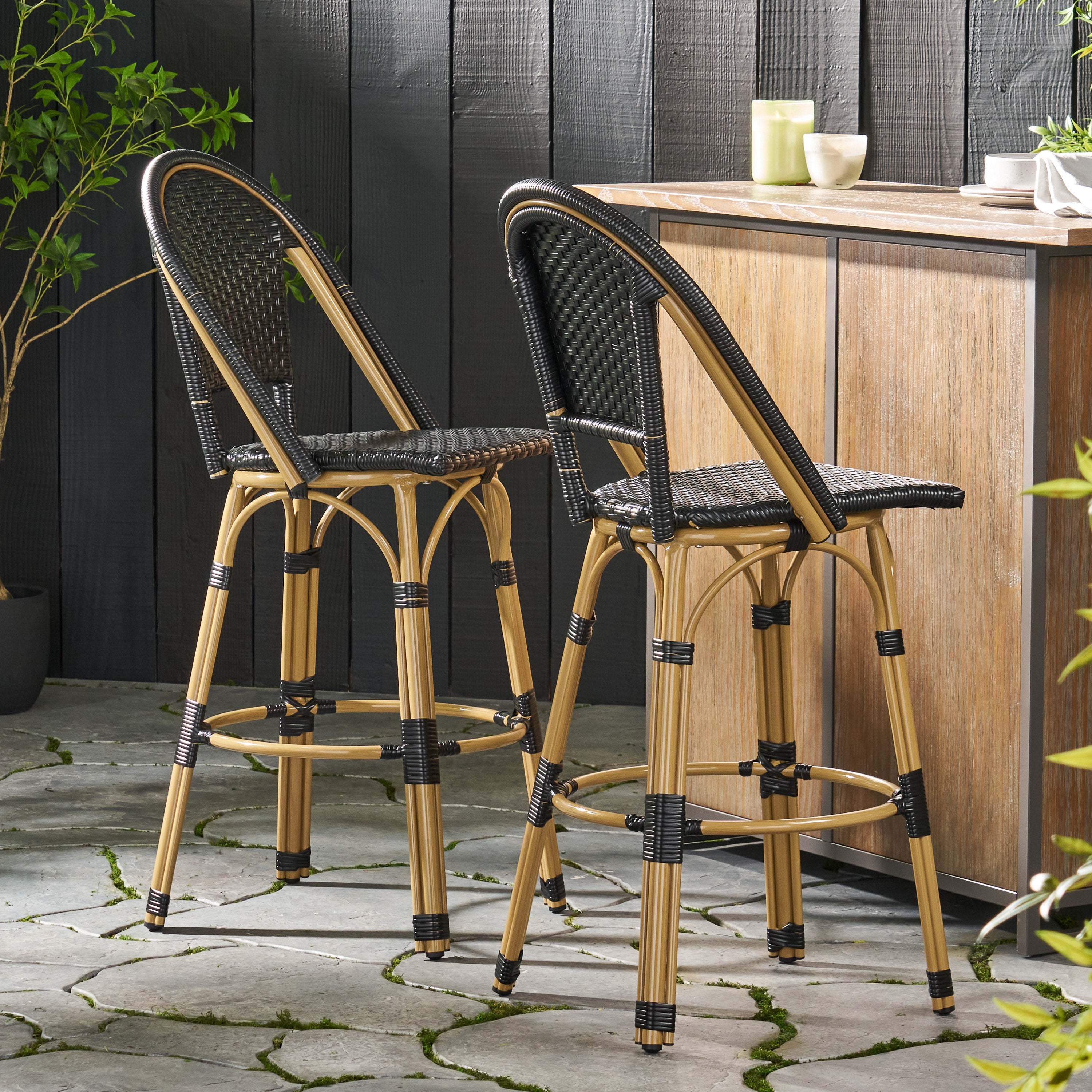 Callisto 29.5" Outdoor Rattan and Aluminum Bar Stool with Curved Back and Footrest