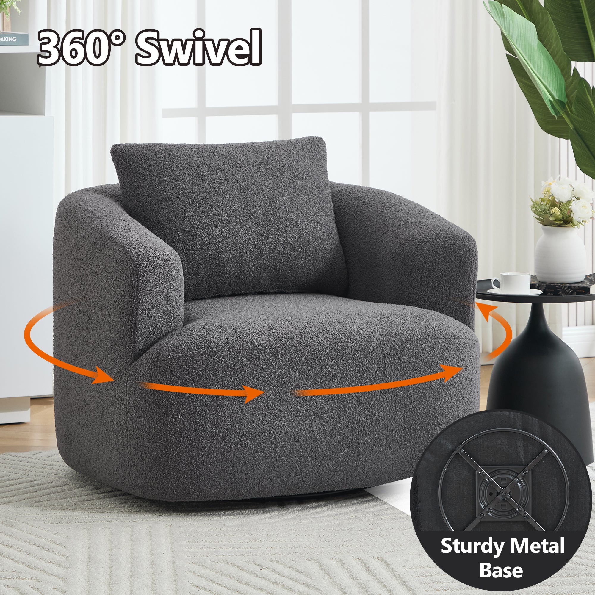 Teddy Fleece 360° Swivel Round Upholstered Comfy Accent Chair With Pillow