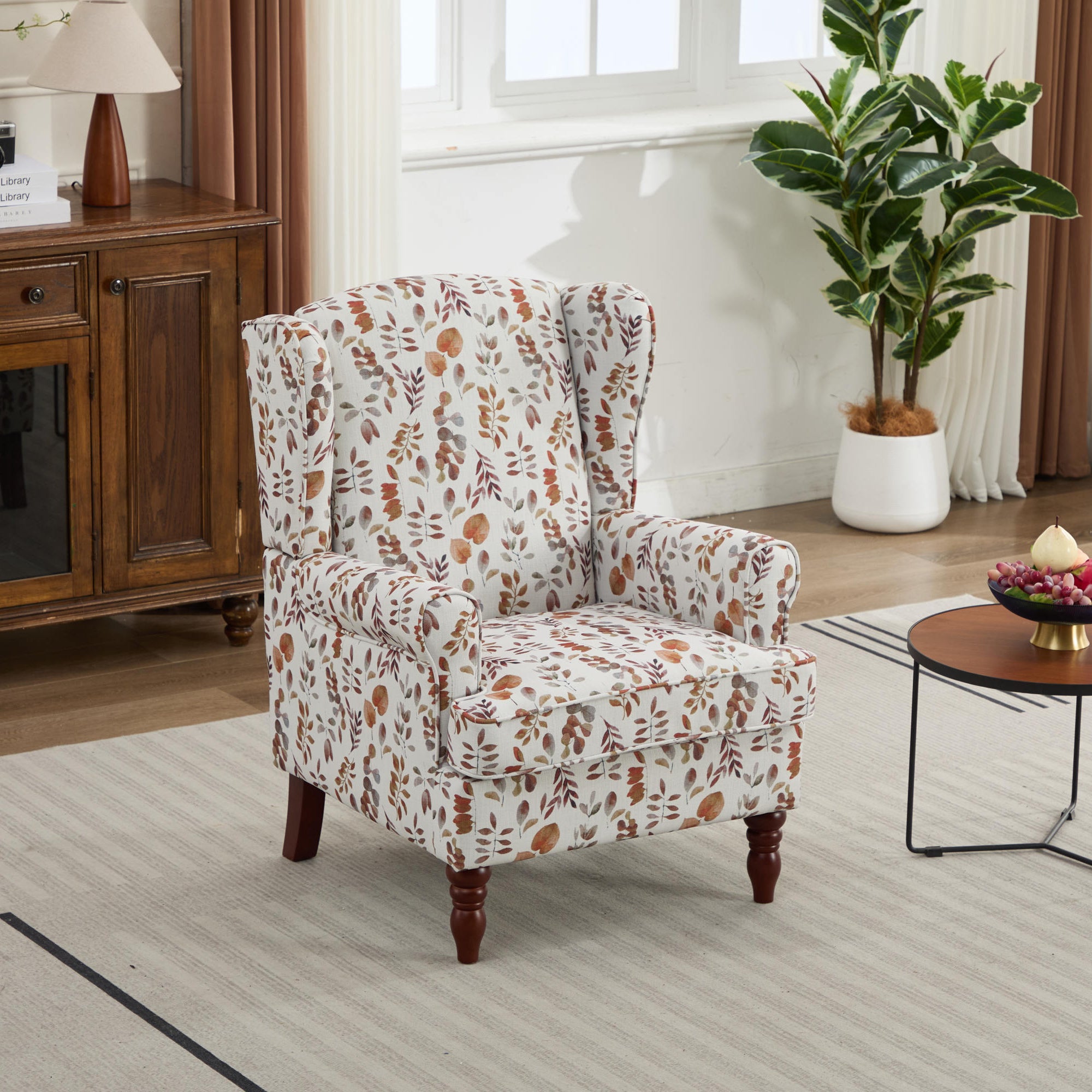 Botanical Upholstered Accent Chair with Wood Legs