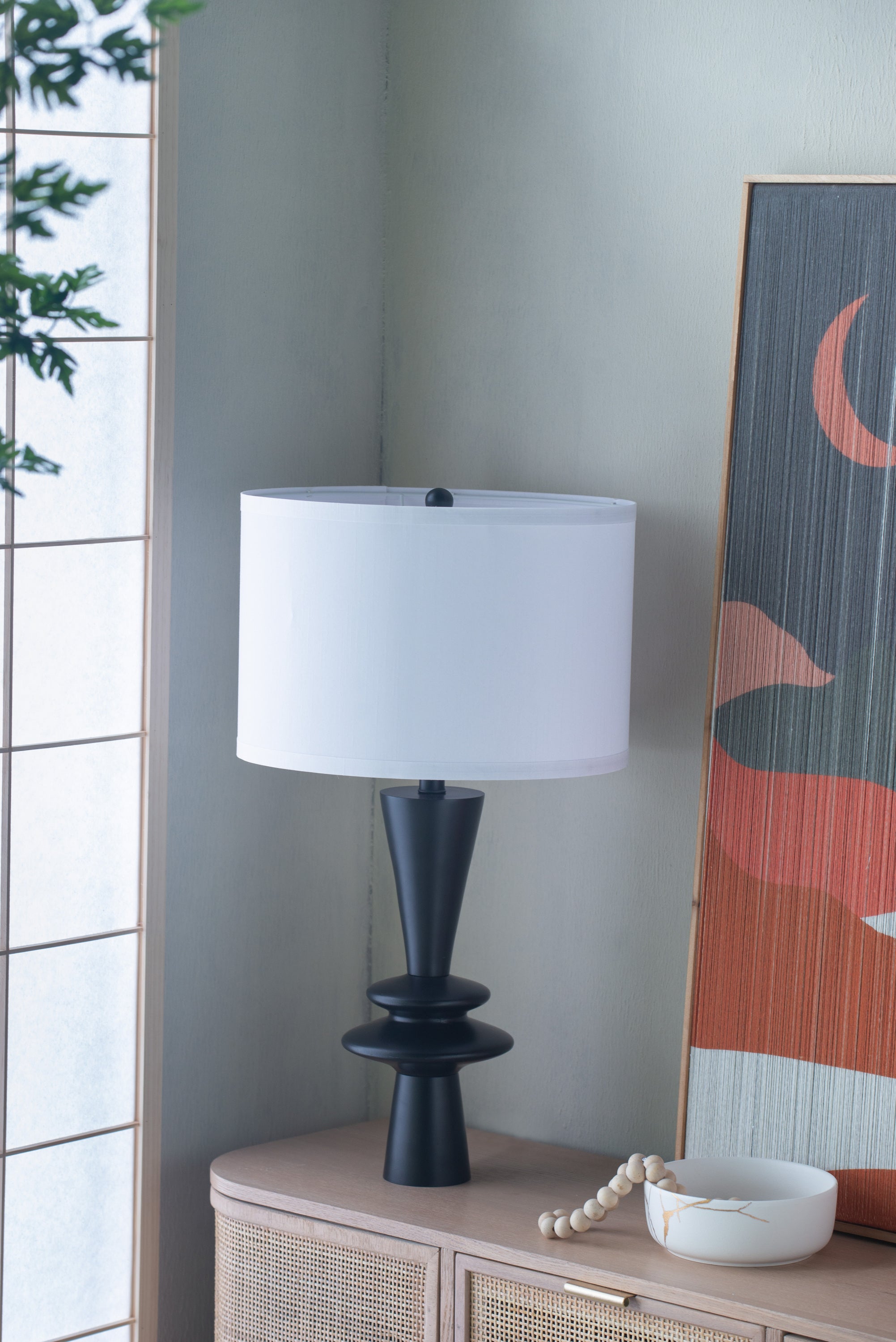 Modern Black Aluminum Table Lamp with White Drum Shade