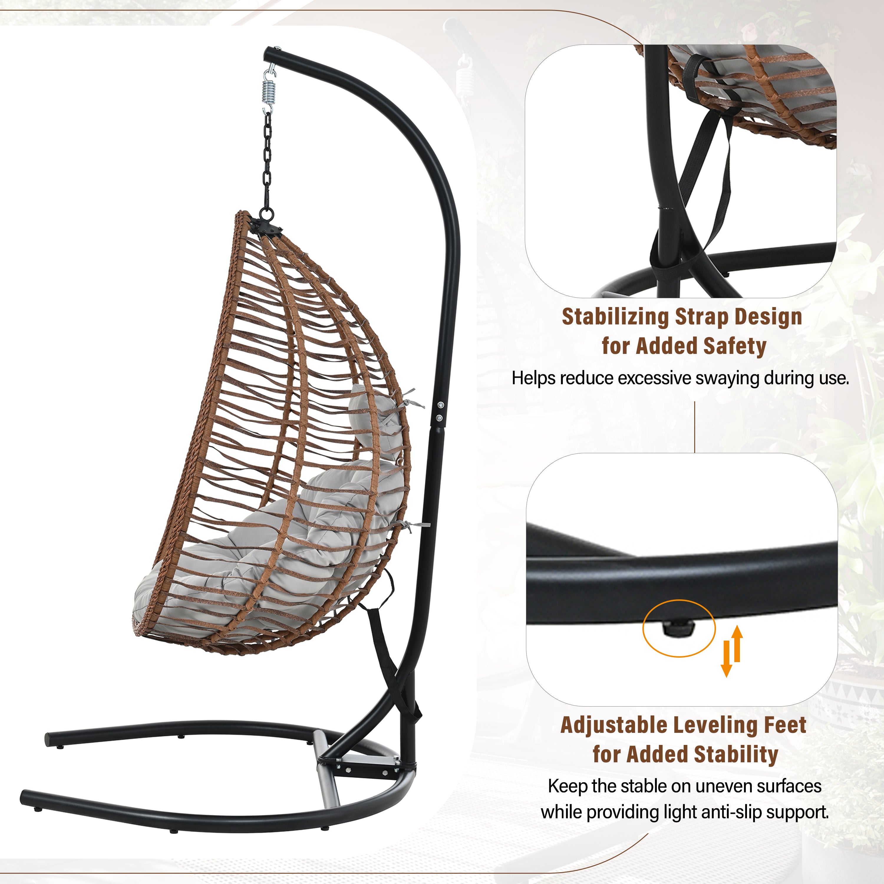 Foldable Rattan Egg Swing Chair with Iron Frame, Plush Cushion & Removable Headrest