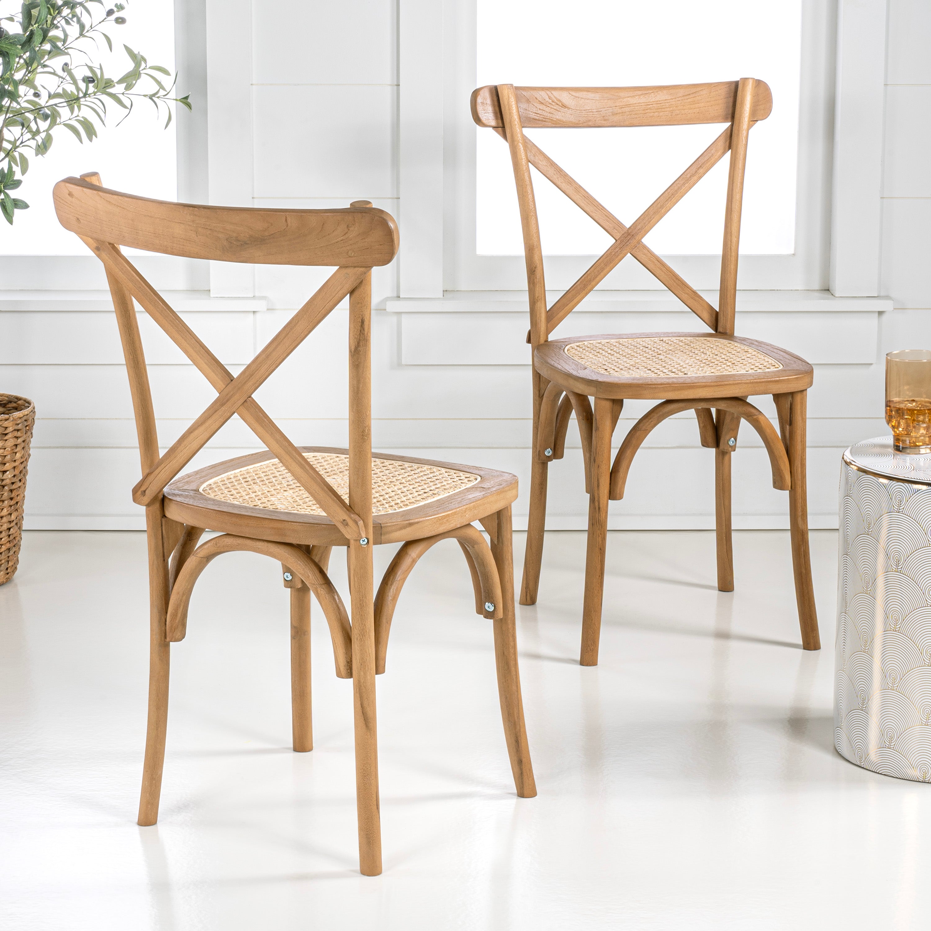 Cassis X-Back Wood Rattan Dining Chair, Set of 2