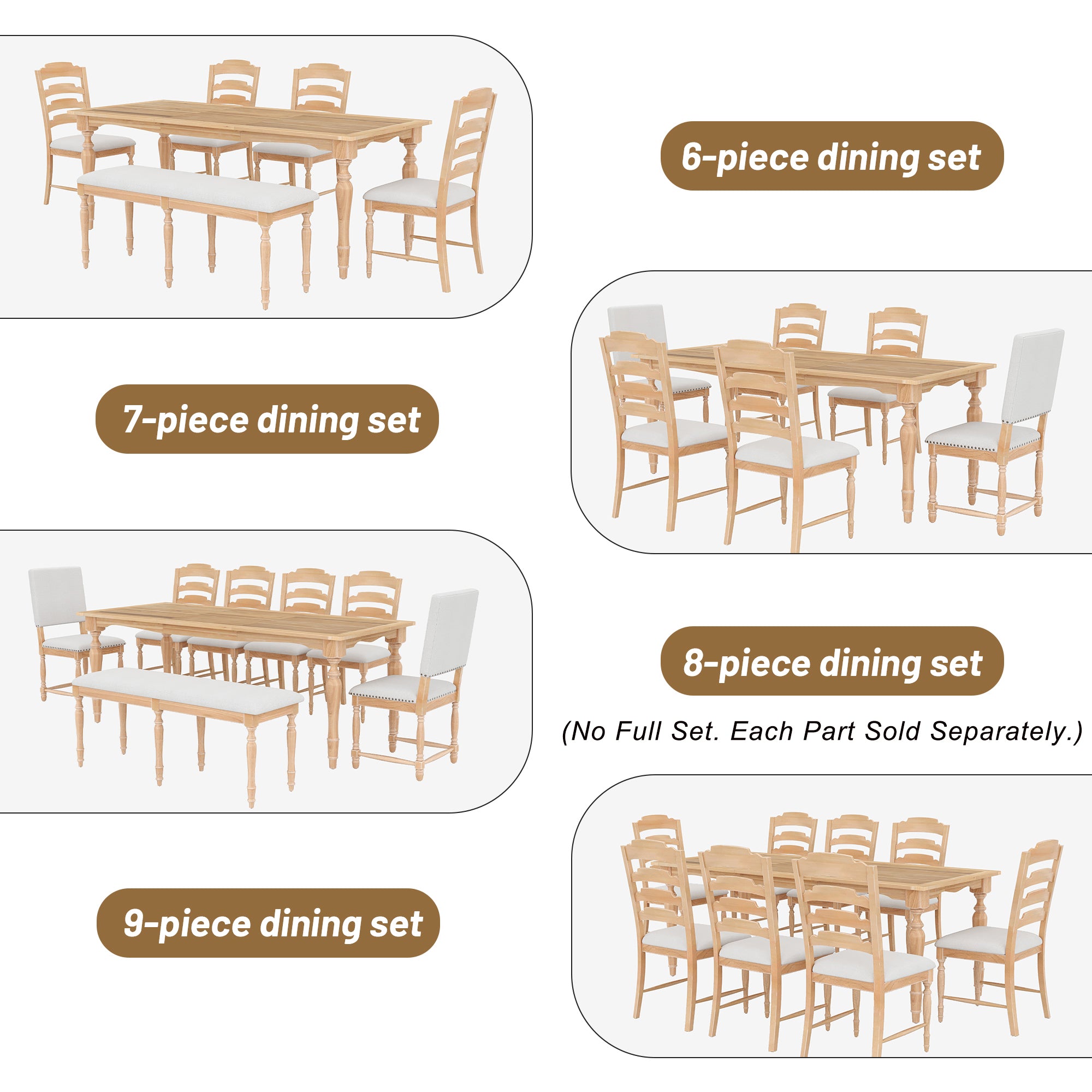 Foreverx 6-Piece Dining Set with Removable Leaf Table, Upholstered Dining Bench and 4 Chairs, Natural