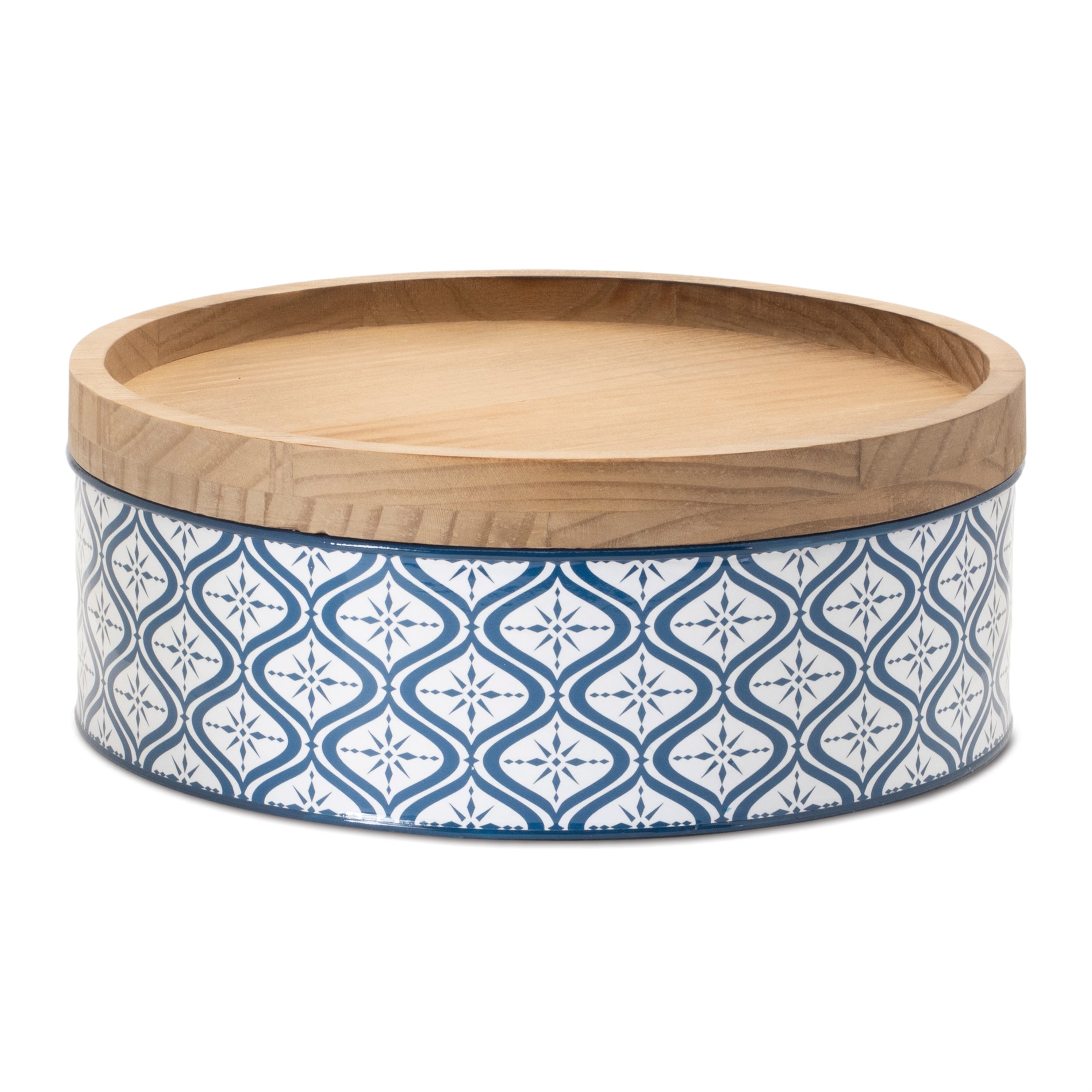 Metal Patterned Canister with Natural Wood Lid, Set of 2