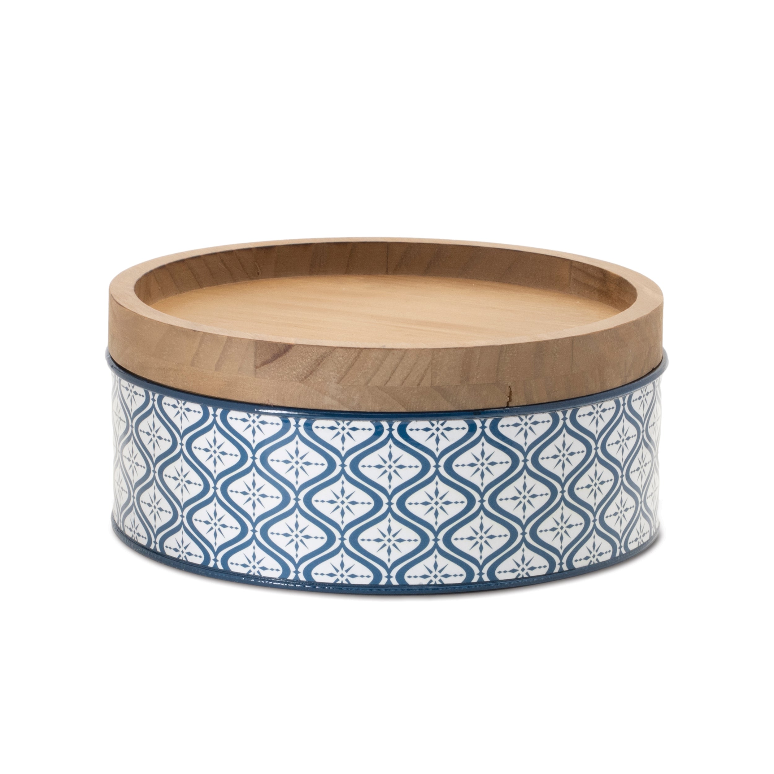 Metal Patterned Canister with Natural Wood Lid, Set of 2