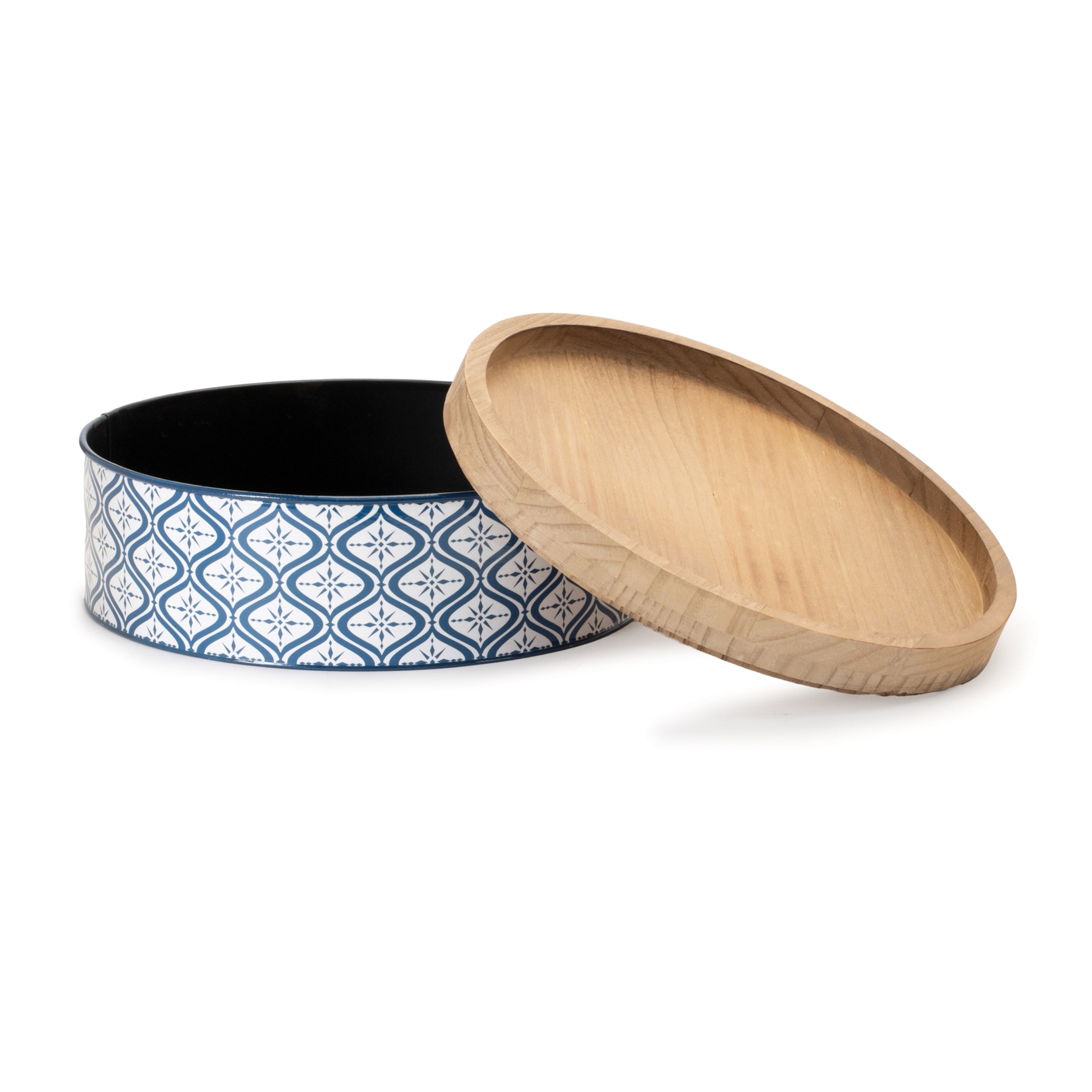 Metal Patterned Canister with Natural Wood Lid, Set of 2