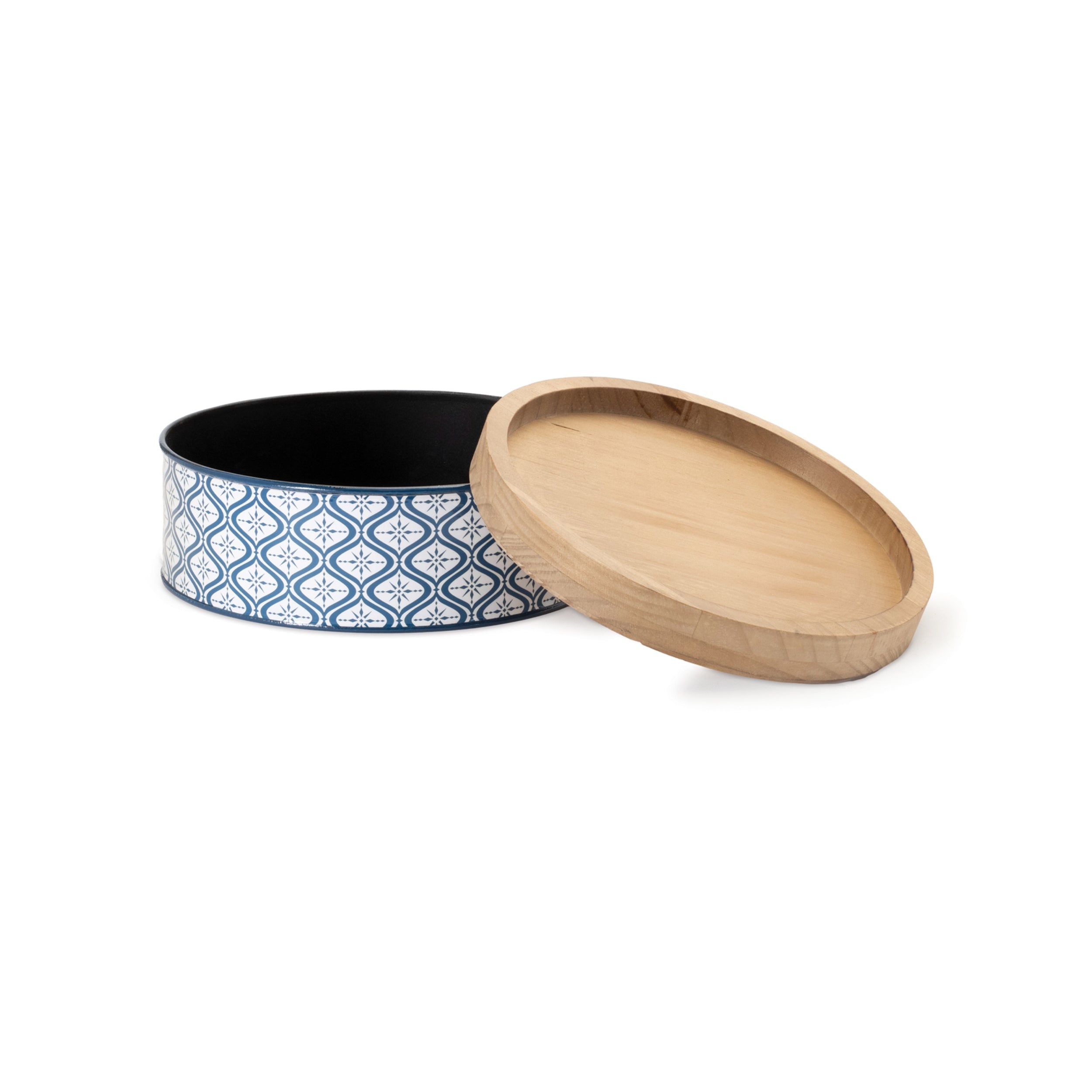 Metal Patterned Canister with Natural Wood Lid, Set of 2