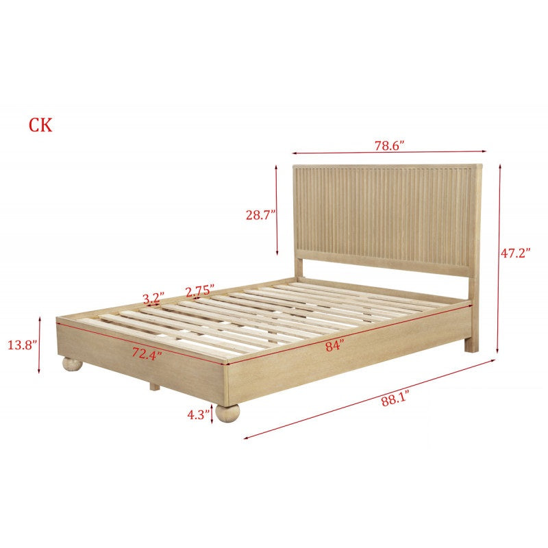 Fluted Modern Light Oak Wood 5pc Bedroom Furniture Set, Platform Bed, Dresser Mirror and 2x Nightstand