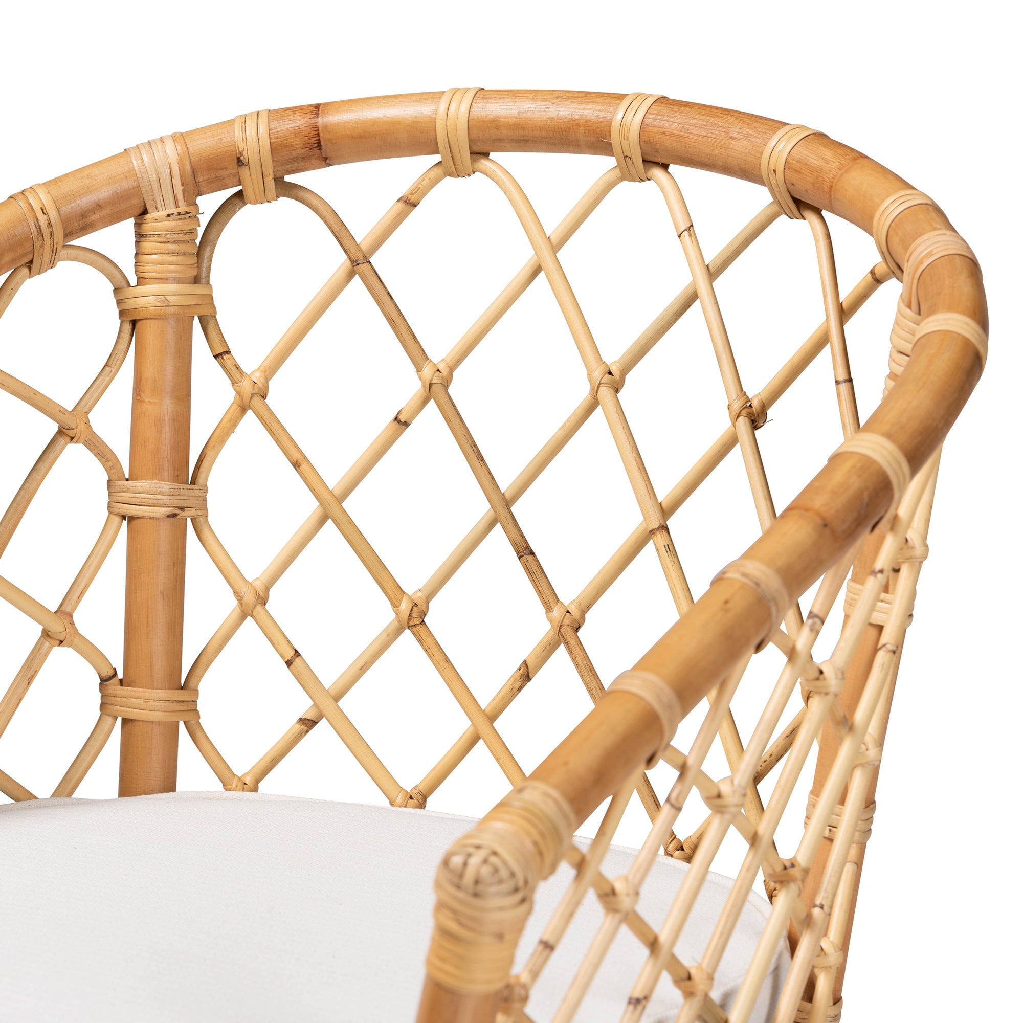 Modern Bohemian White Fabric Upholstered and Natural Brown Rattan Dining Chair