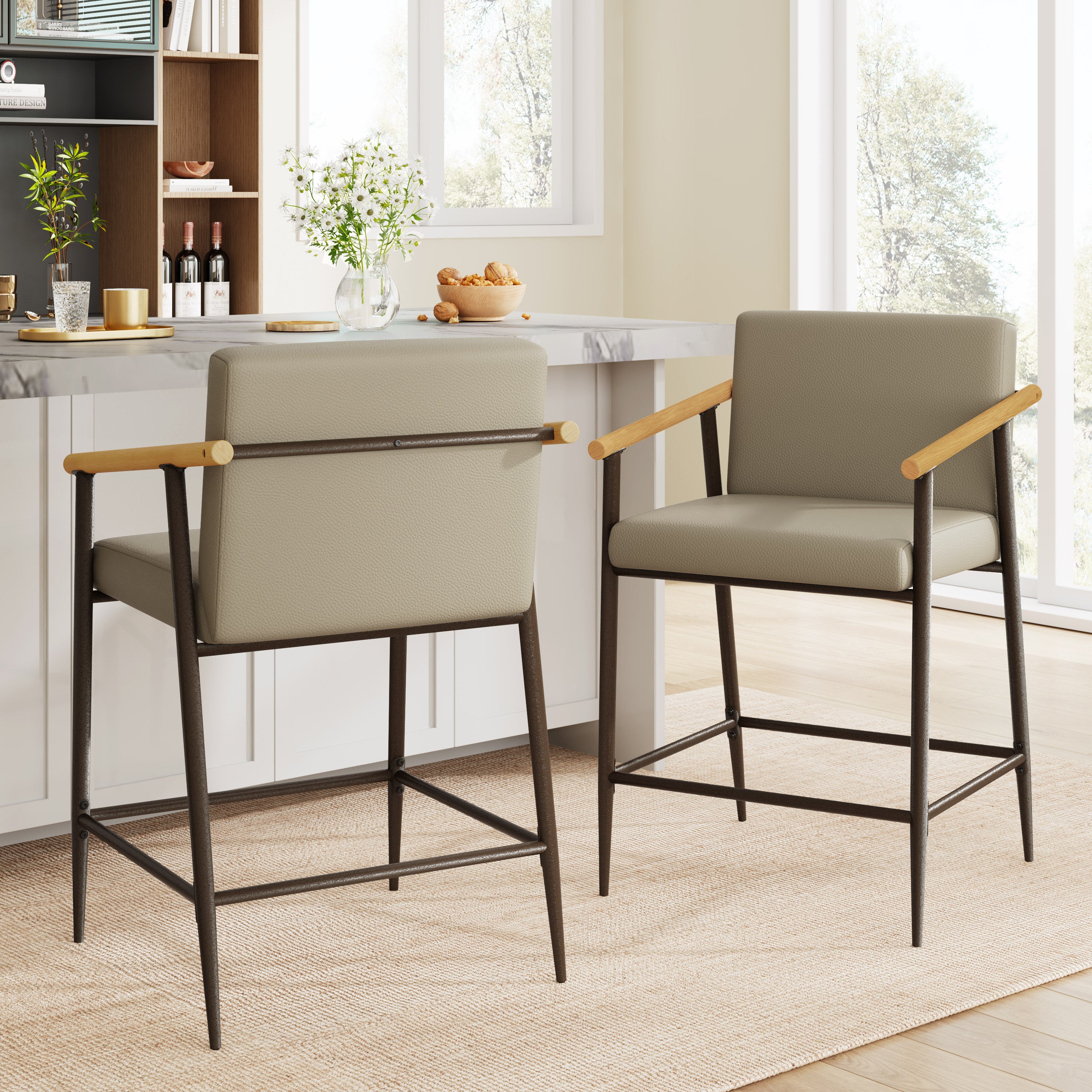 Kentwood Square Back Upholstered Counter Stool with Iron Frame, Set of 2