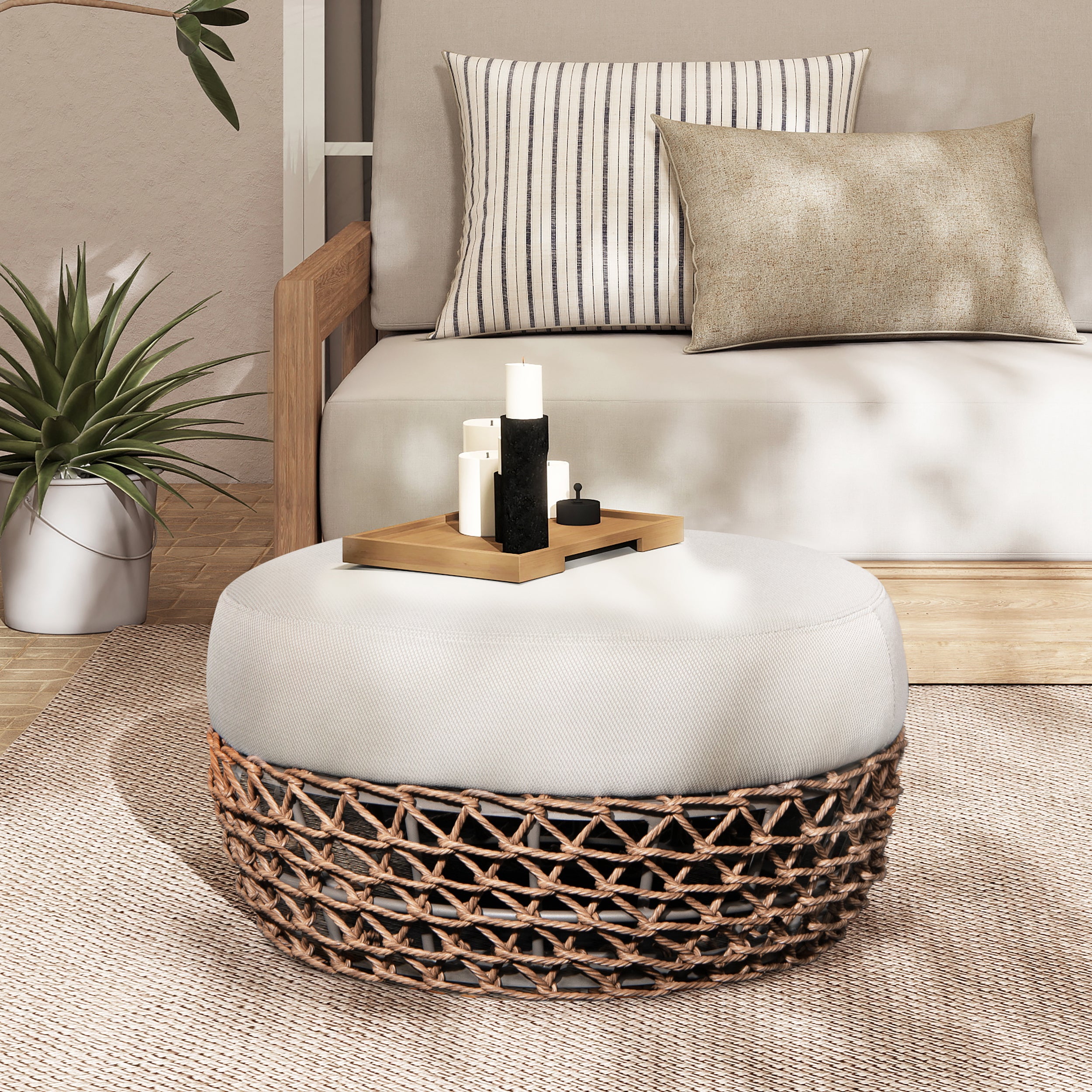 Willow Round Wicker & Upholstered Patio Ottoman