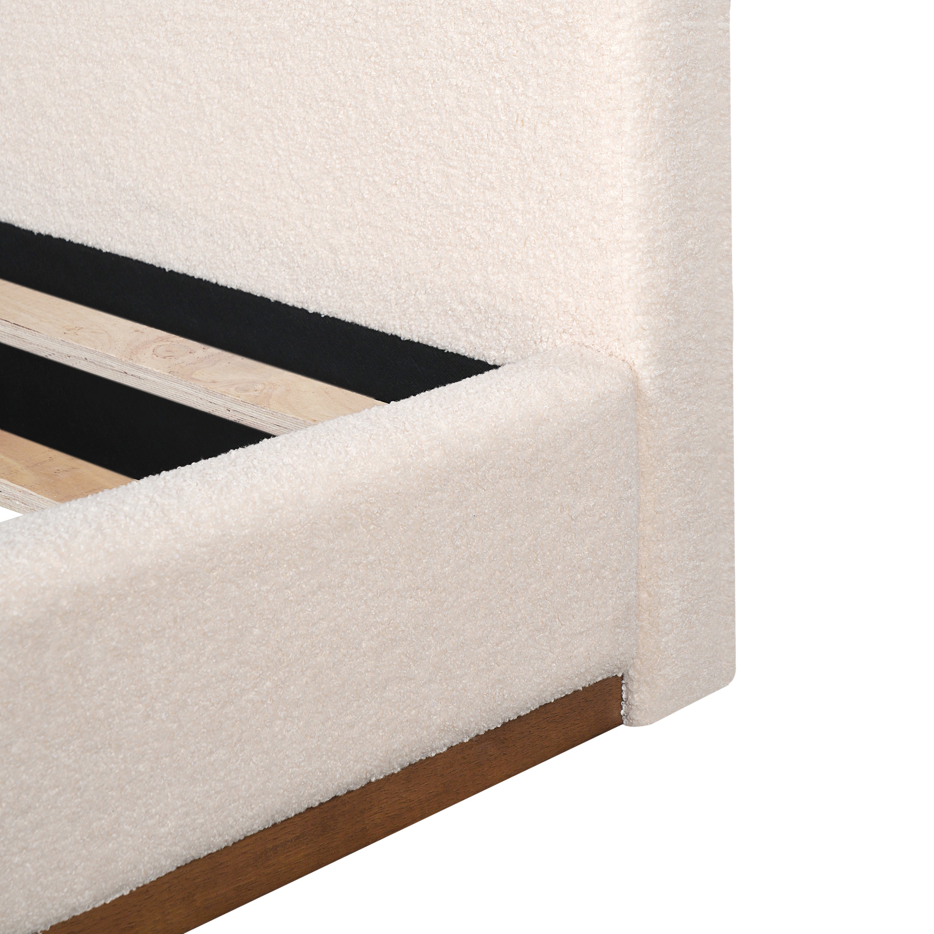 Elegant White Fabric Upholstered Bed With Nice Wood Grain Textured Solid Wood Base Frame