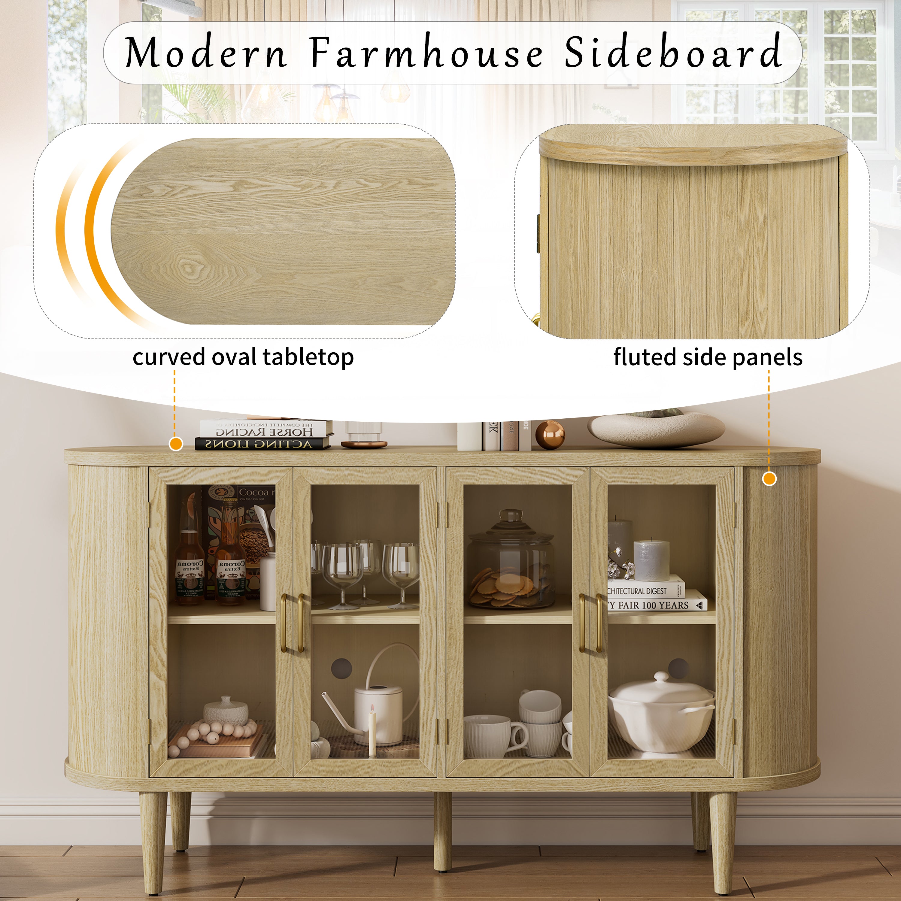 Wood Buffet Cabinet with Glass Doors and Adjustable Shelves