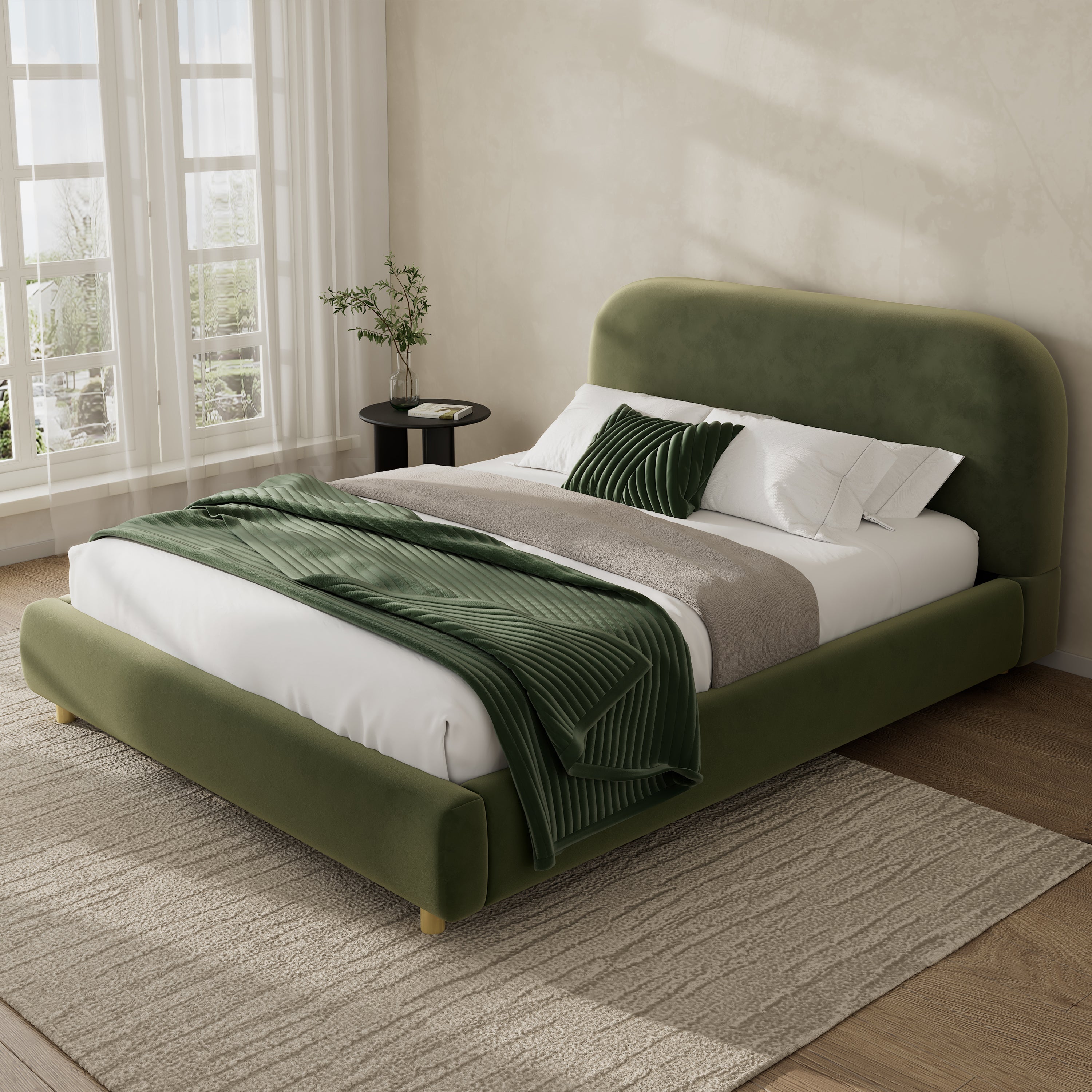 Olive Green Velvet Upholstered Platform Bed with Curve-Shaped Design Headboard