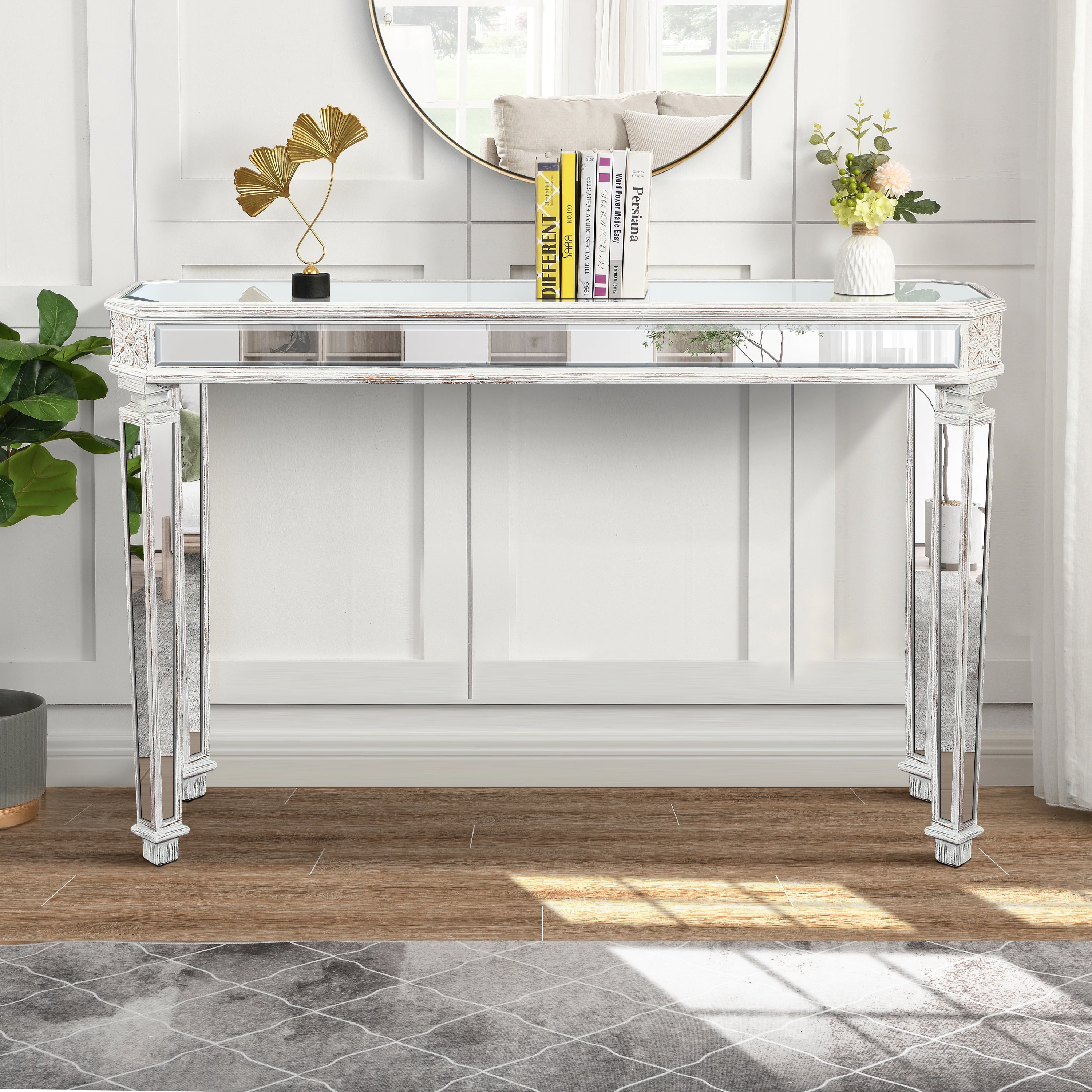 Mirror Console Table with Vintage Wood Grain Carving