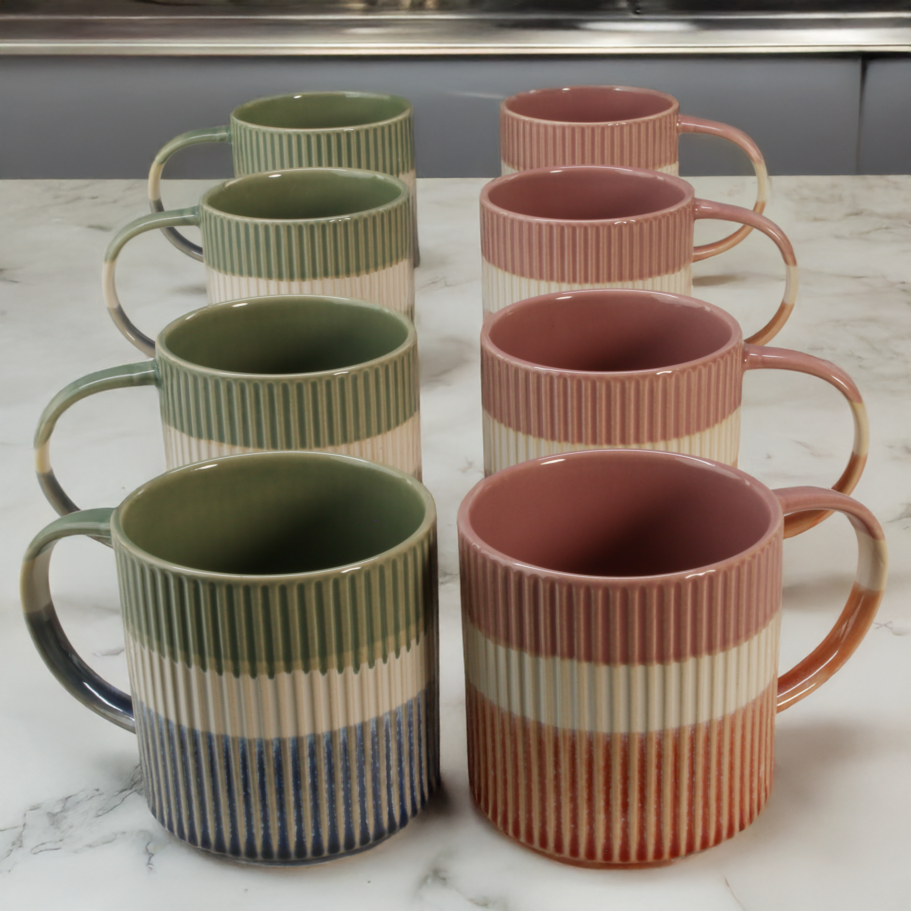 Tri-Color Mugs, Set of 8
