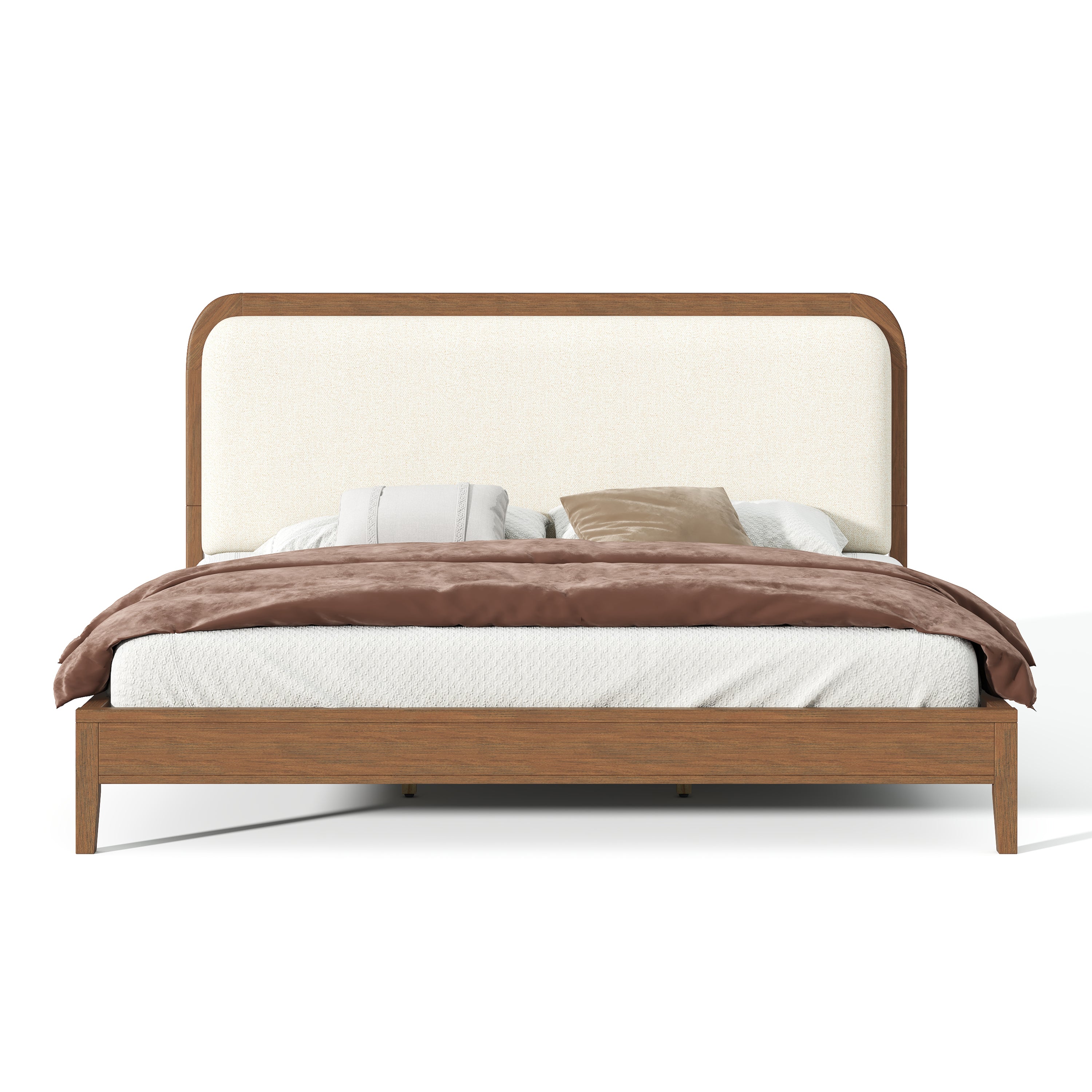 Acacia Wood Bed Frame With Beige Upholstered Headboard