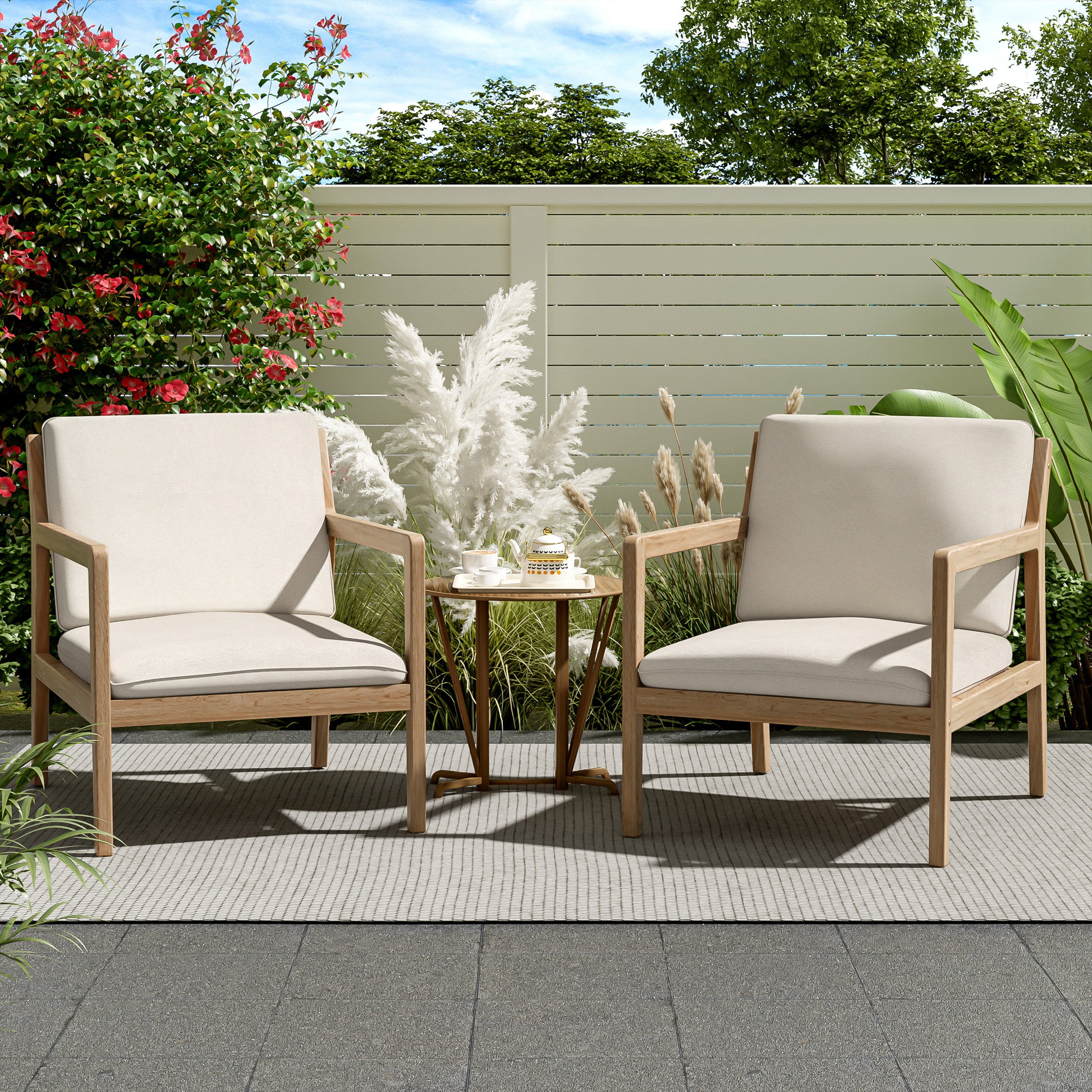 Outdoor Acacia Wood Club Armchair with Cushions, Set of 2
