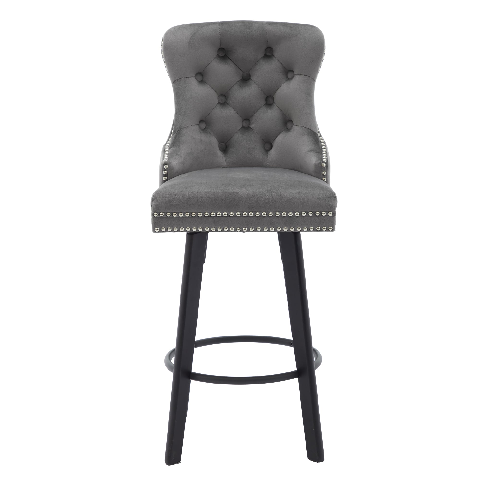 Modern Velvet Button Tufted Swivel Bar Stool with Metal Pull Ring