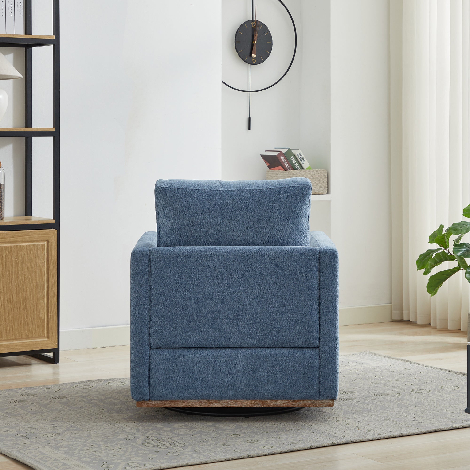 Upholstered Swivel Chair with Square Arms and Metal Base