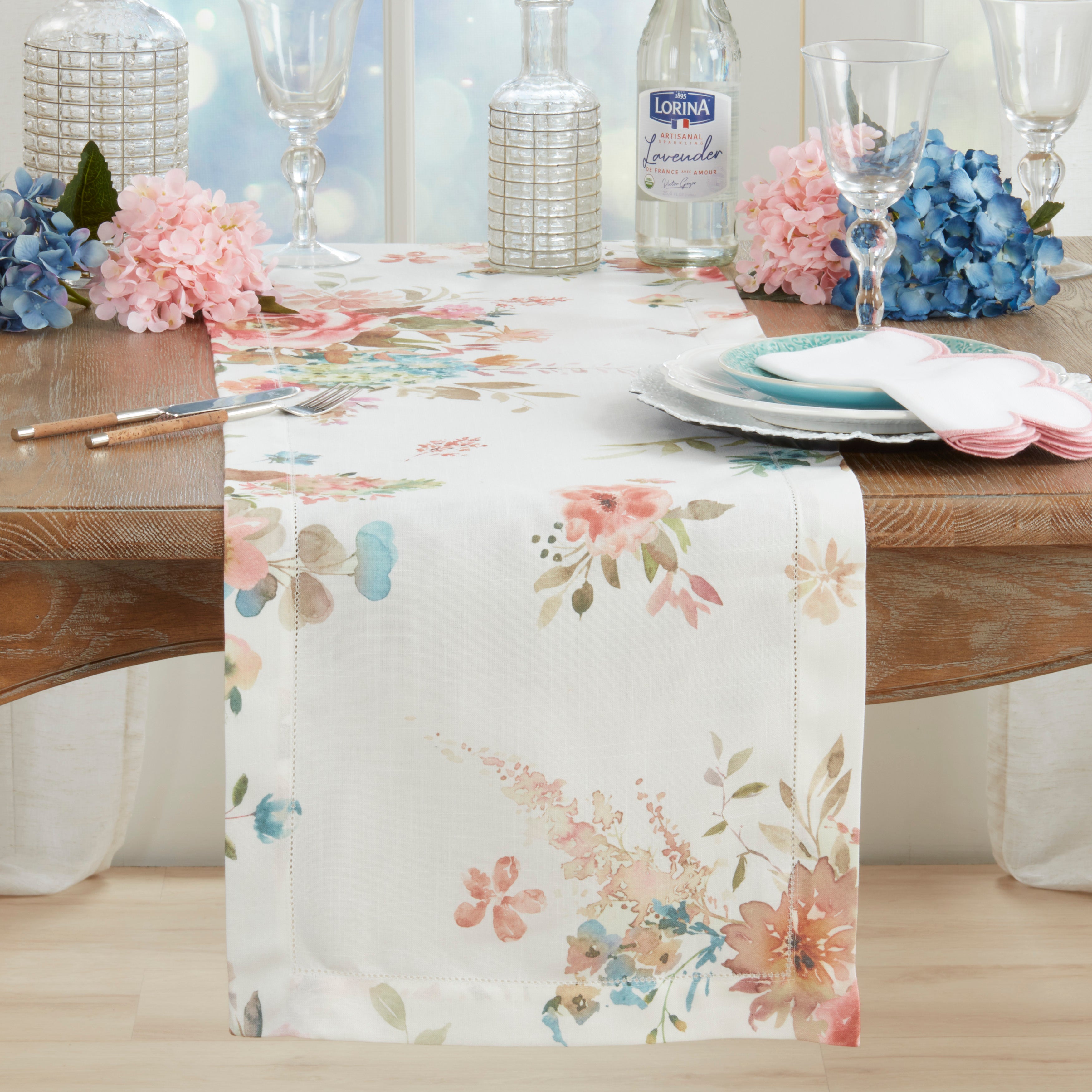 Hemstitch Watercolor Floral Table Runner