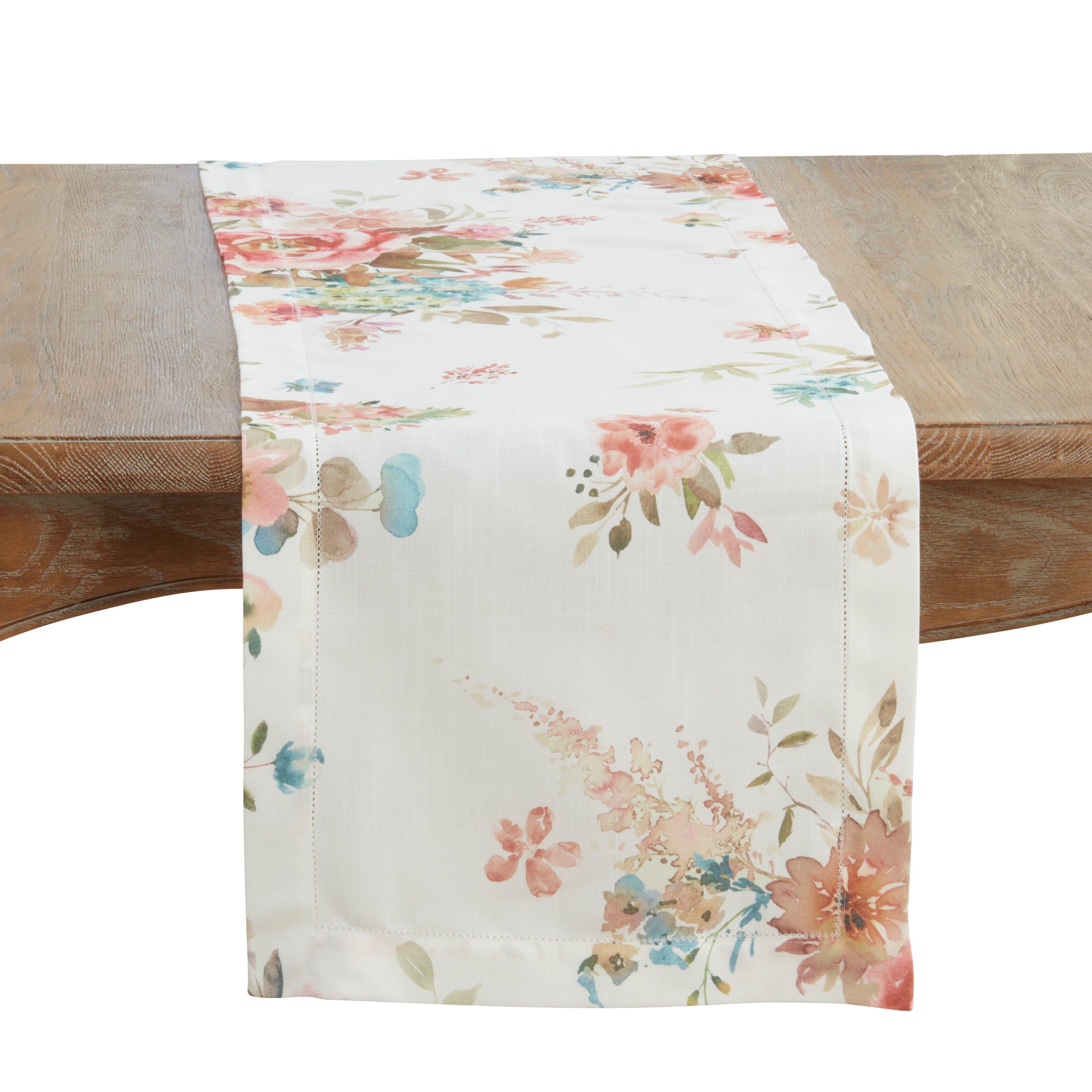 Hemstitch Watercolor Floral Table Runner