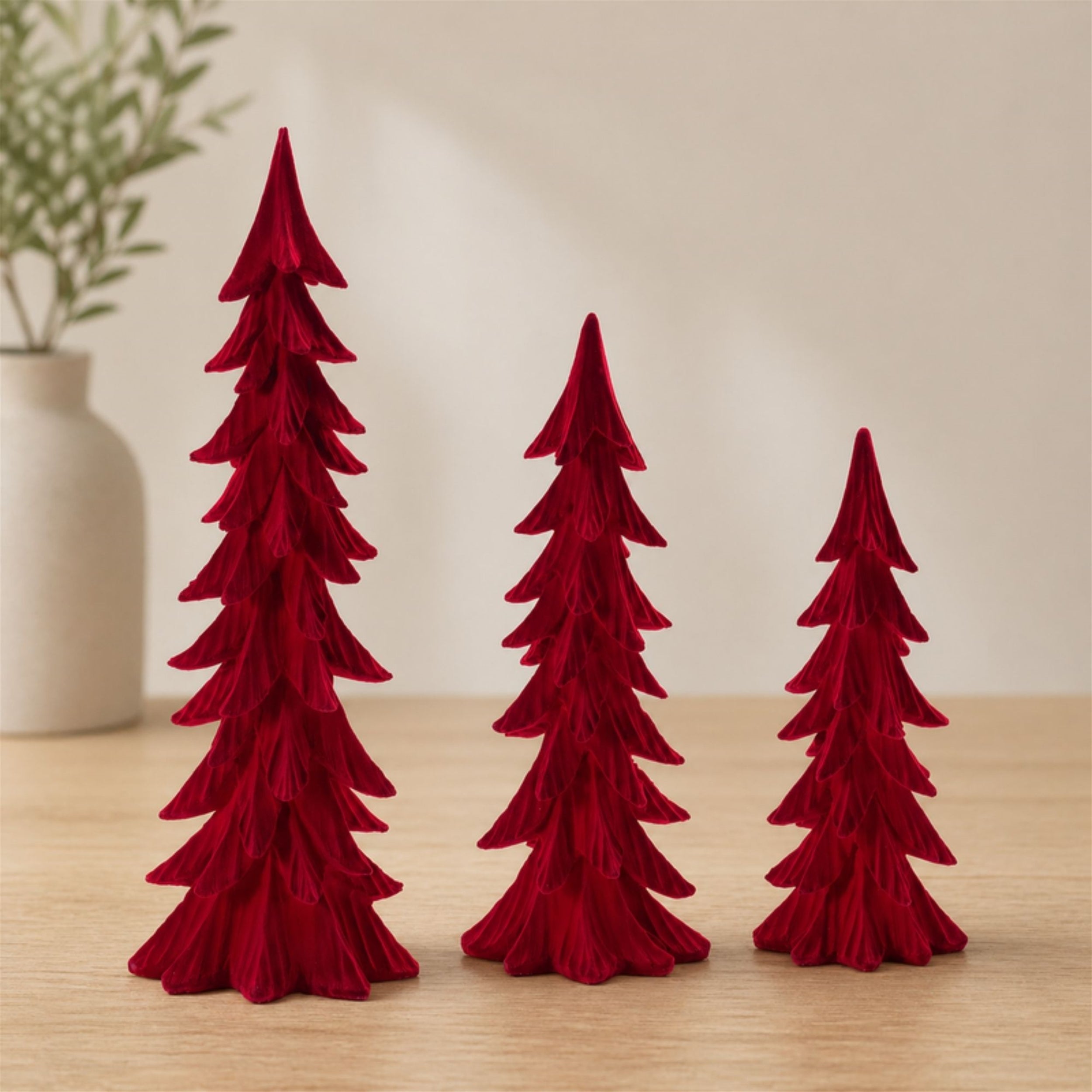 Velvet Pine Tree in Red, Set of 3