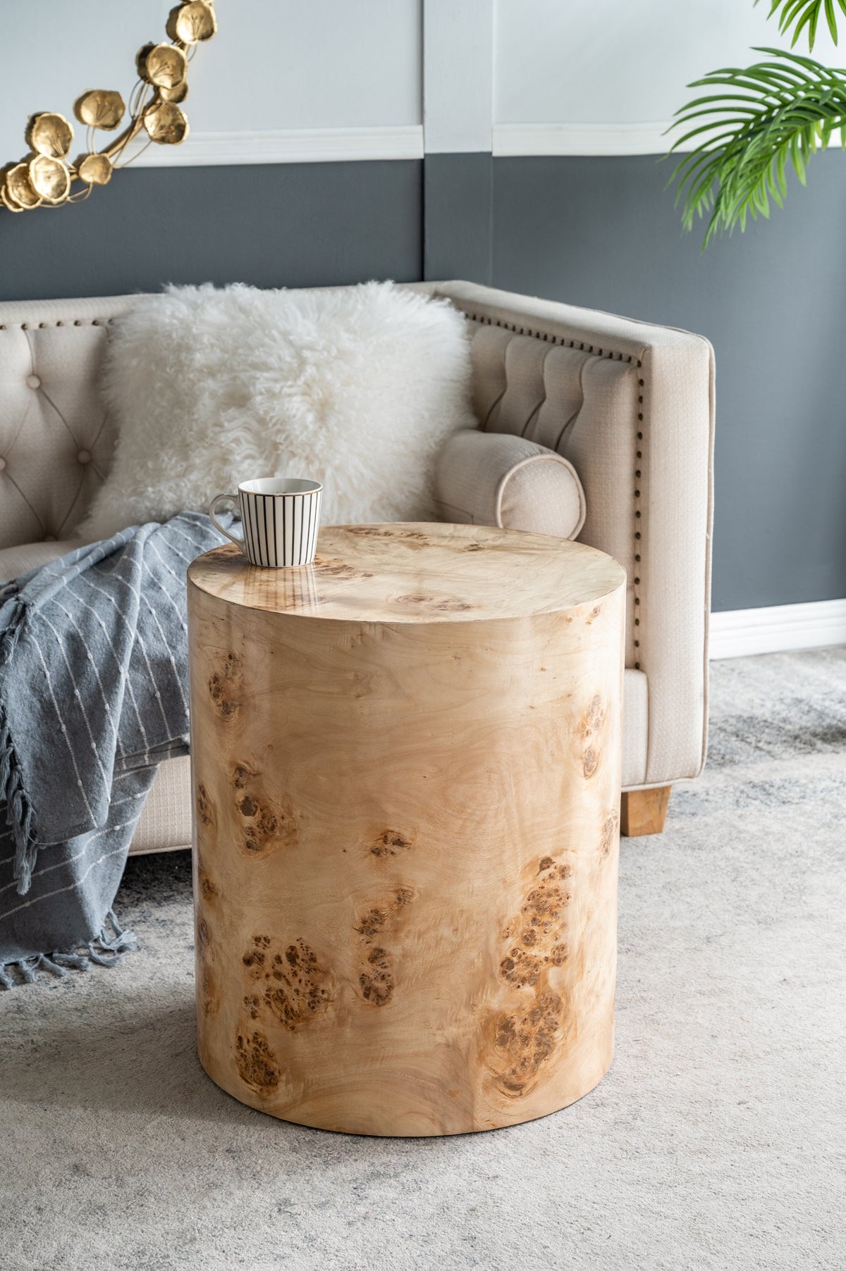 Burl Wood Brown Cylinder Side Table