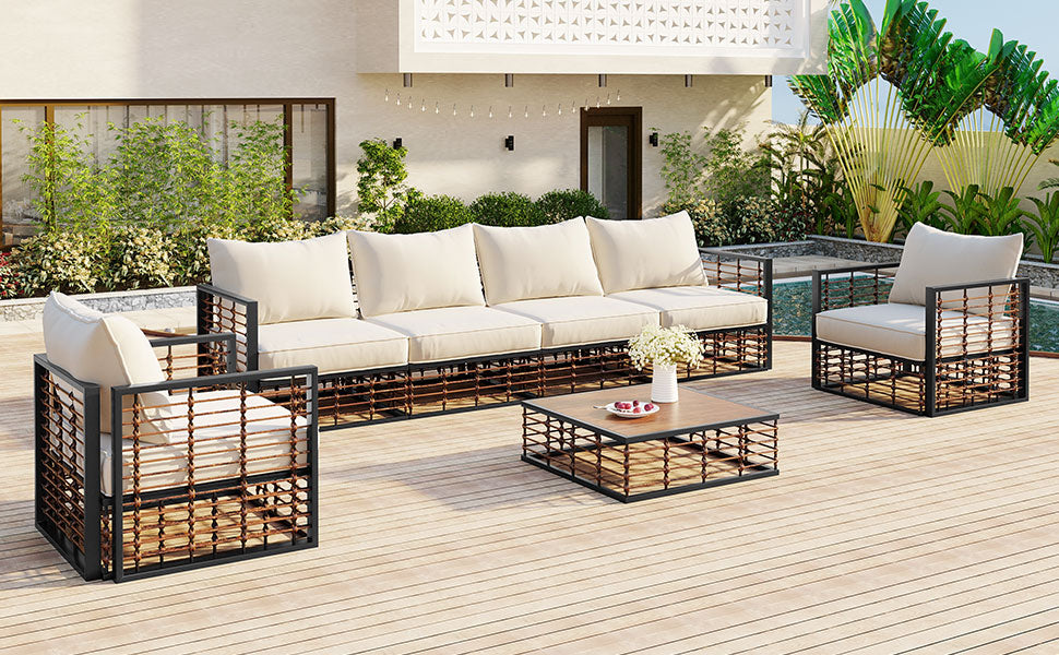 TOPMAX Modern Minimalist 7-Piece Metal Patio Sectional Sofa Set, All-Weather Garden Conversational Furniture Set with Thick Cushions and Coffee Table for Indoor Outdoor, Dark Grey