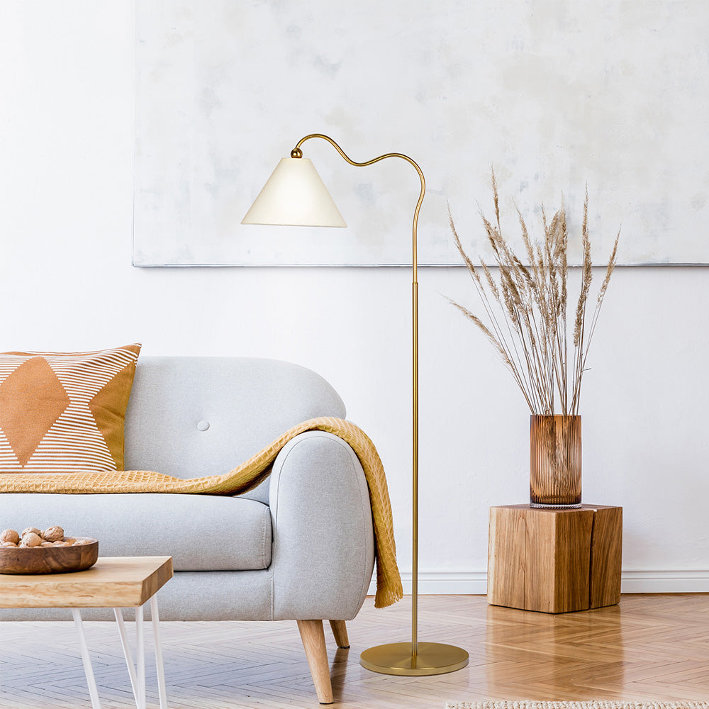 Cheering Brass Ring Base Curved Floor Lamp with Triangle Drum Shade