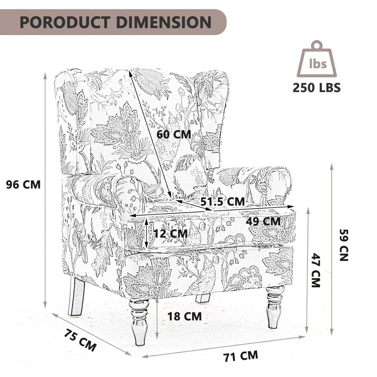Modern Floral Design Accent Chair with Retro Wood Legs