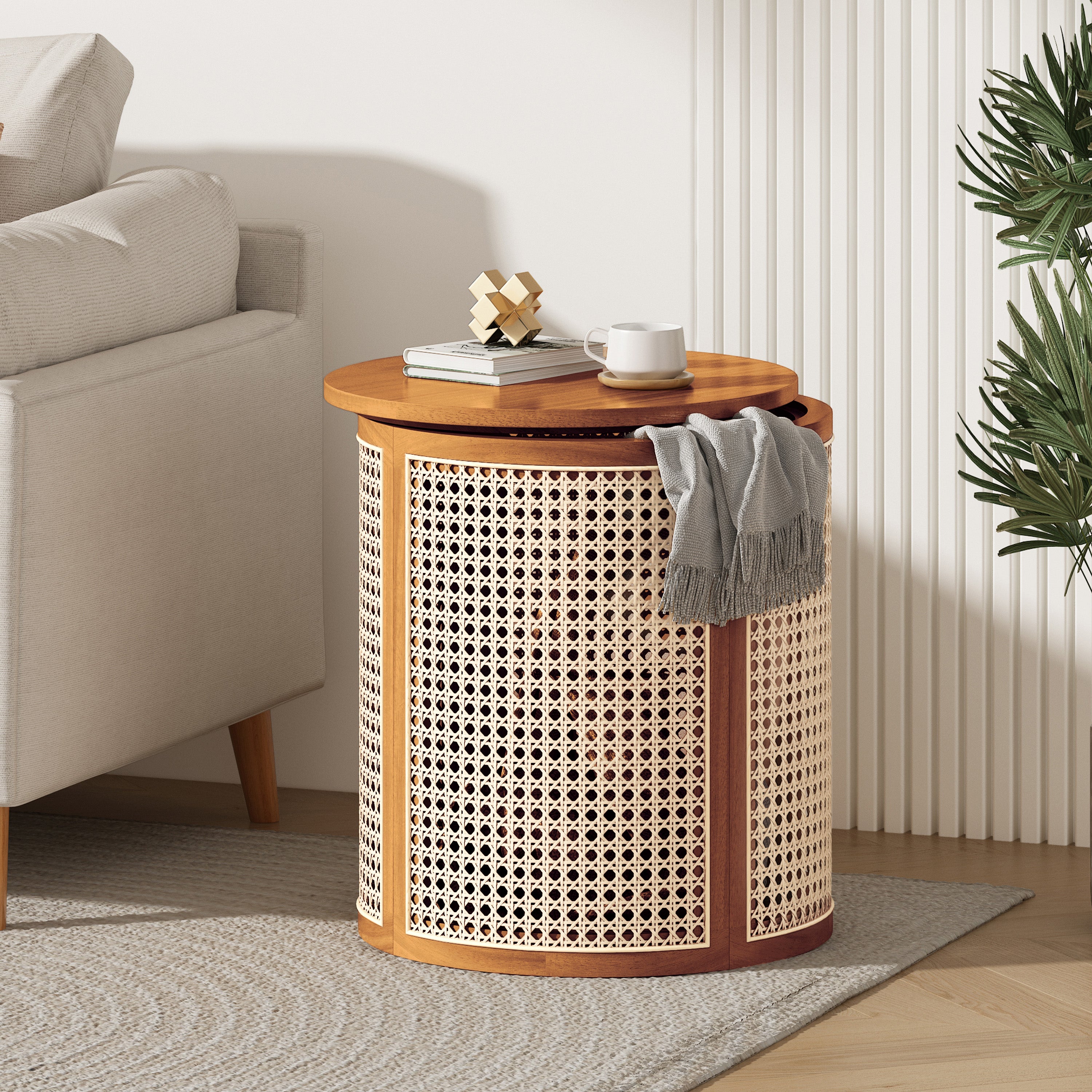 Round Rattan Pillar Storage Accent Table