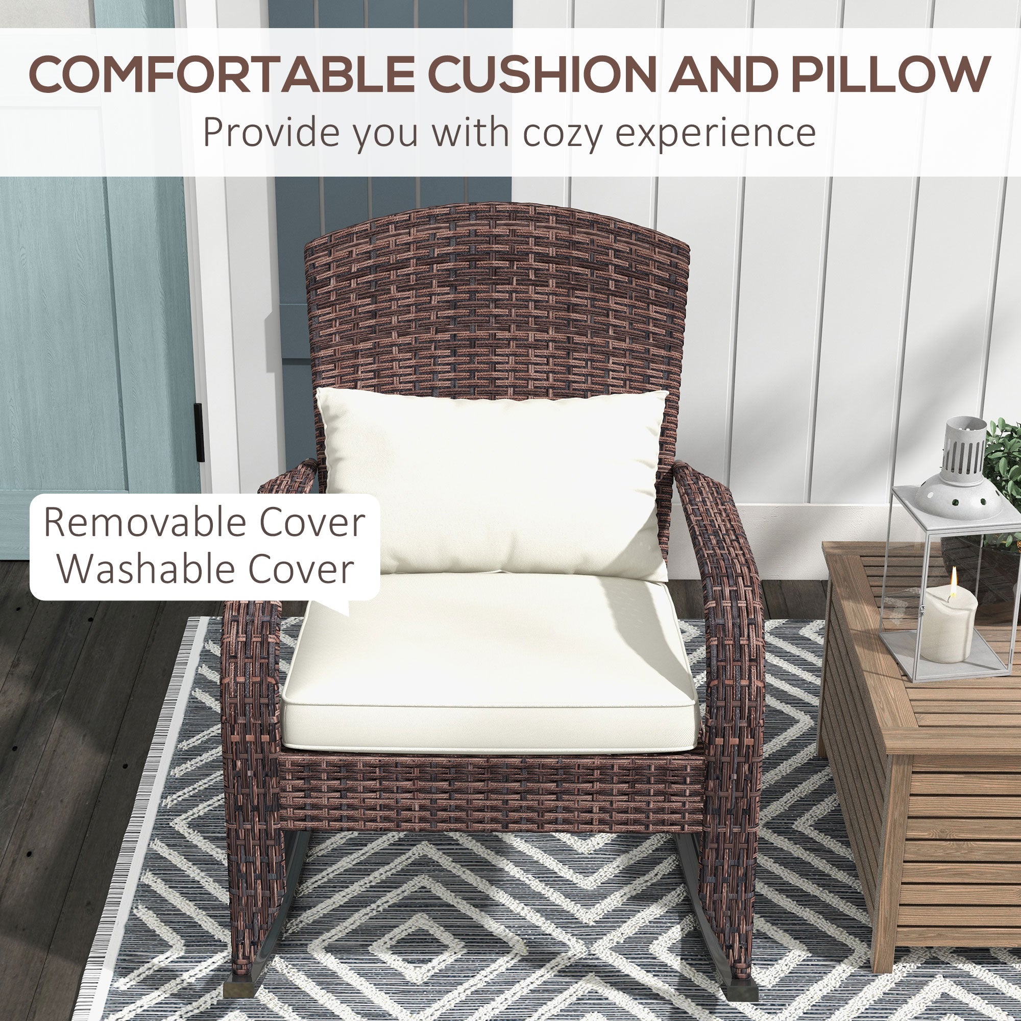 Outdoor Wicker Adirondack Rocking Chair with High Back & Seat Cushion
