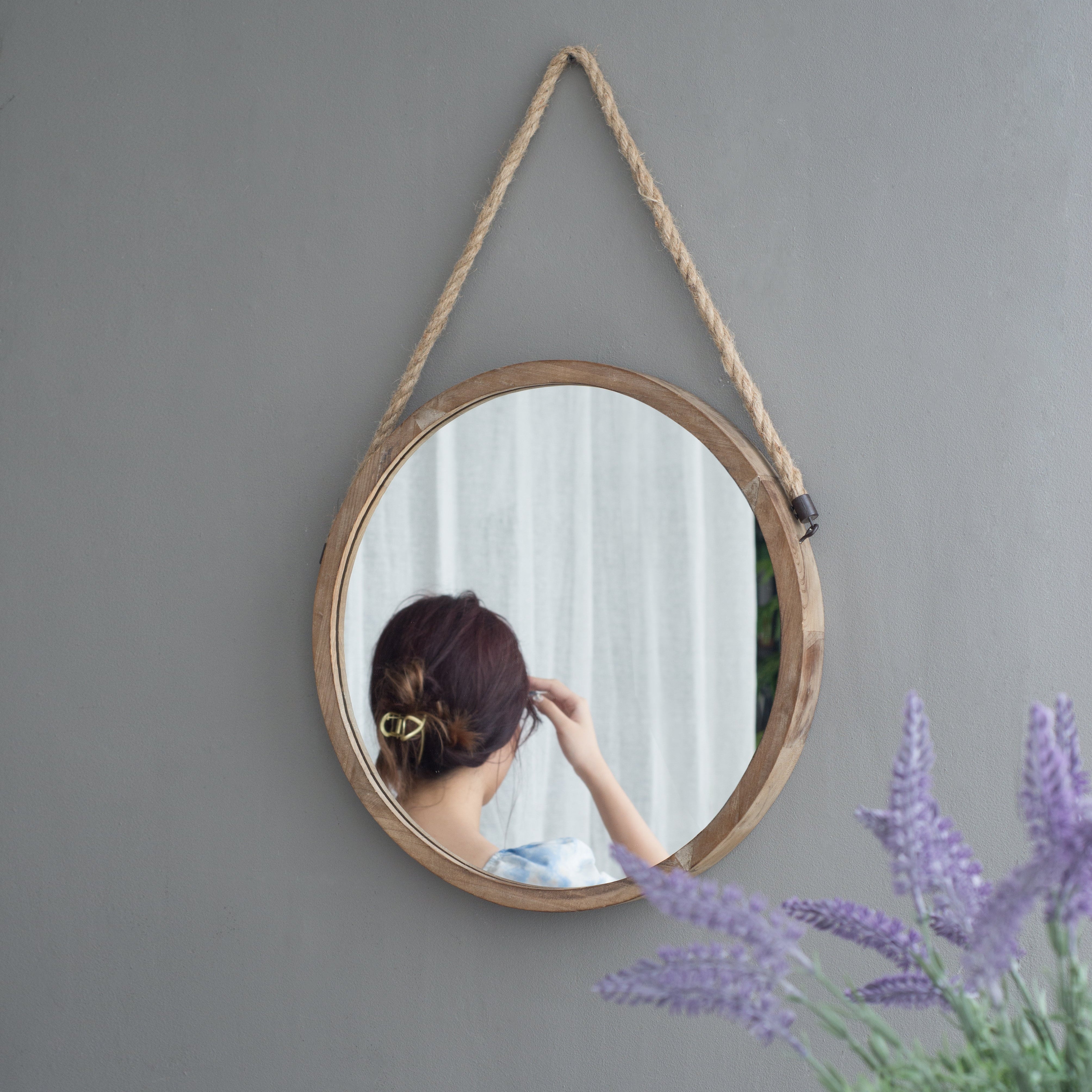 Round Wall Mirror with Jute Handle and Wood Frame