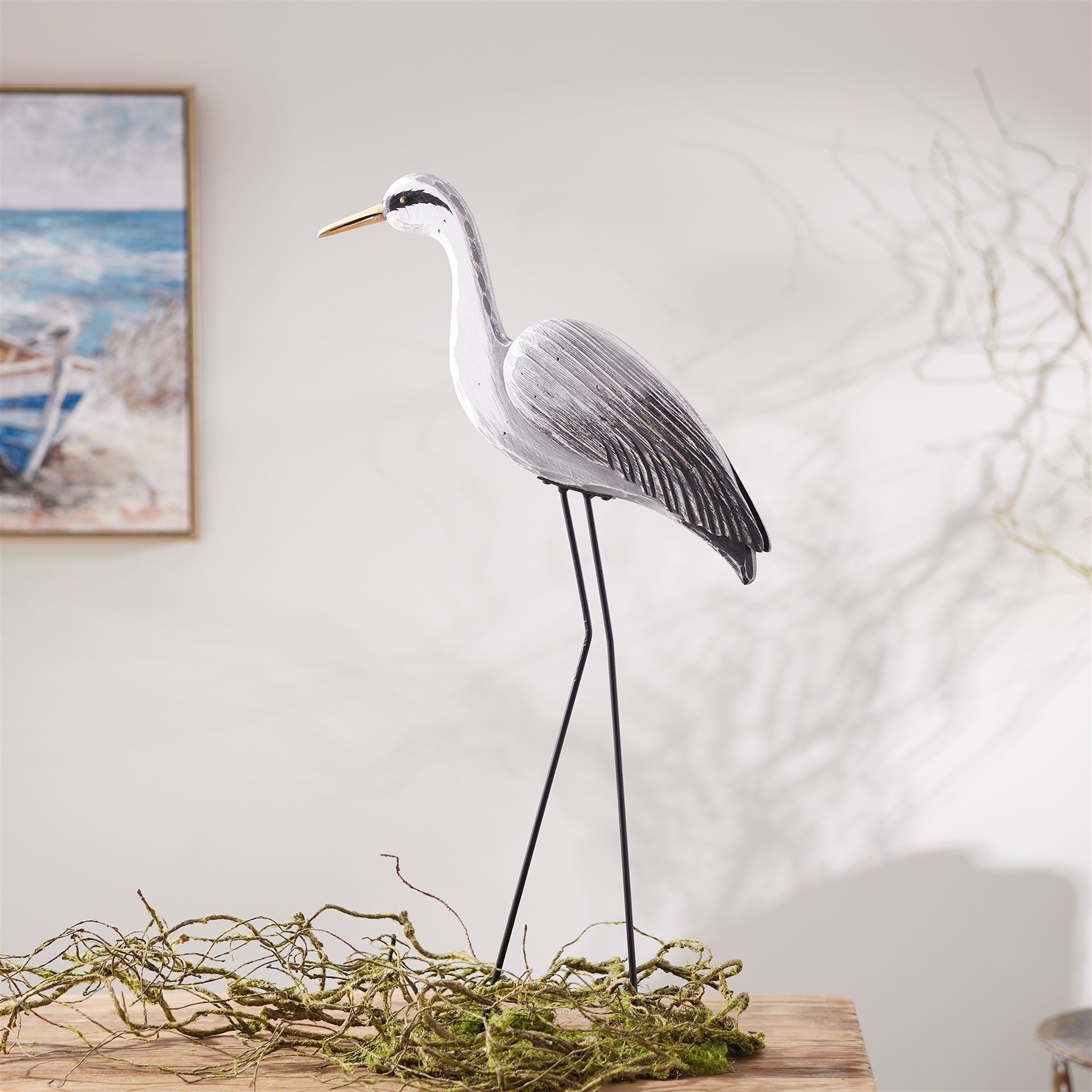 Paulownia Wood Heron Bird Statue with Metal Legs Base