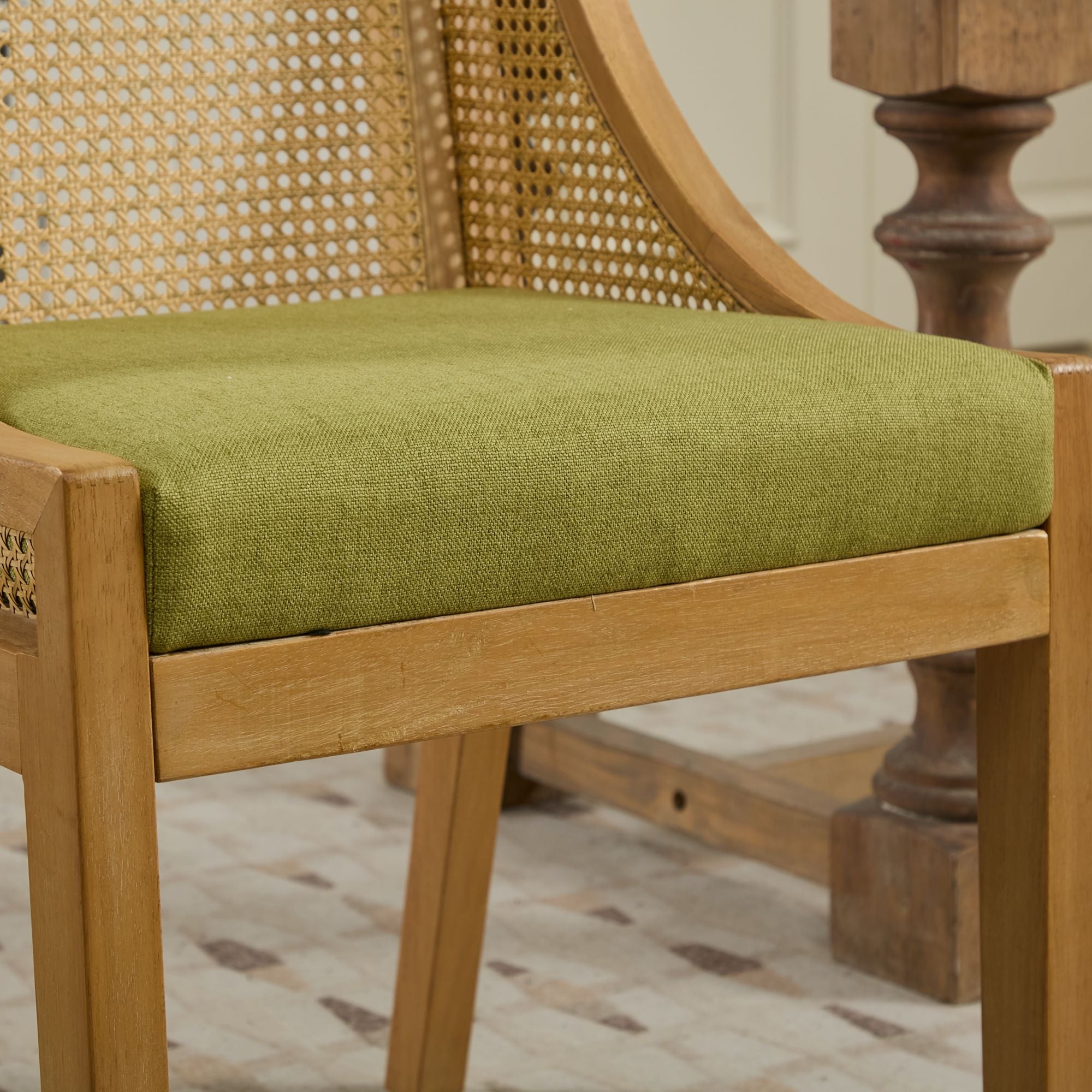 Linen Upholstered Rattan Dining Chair with Decorative Armrests