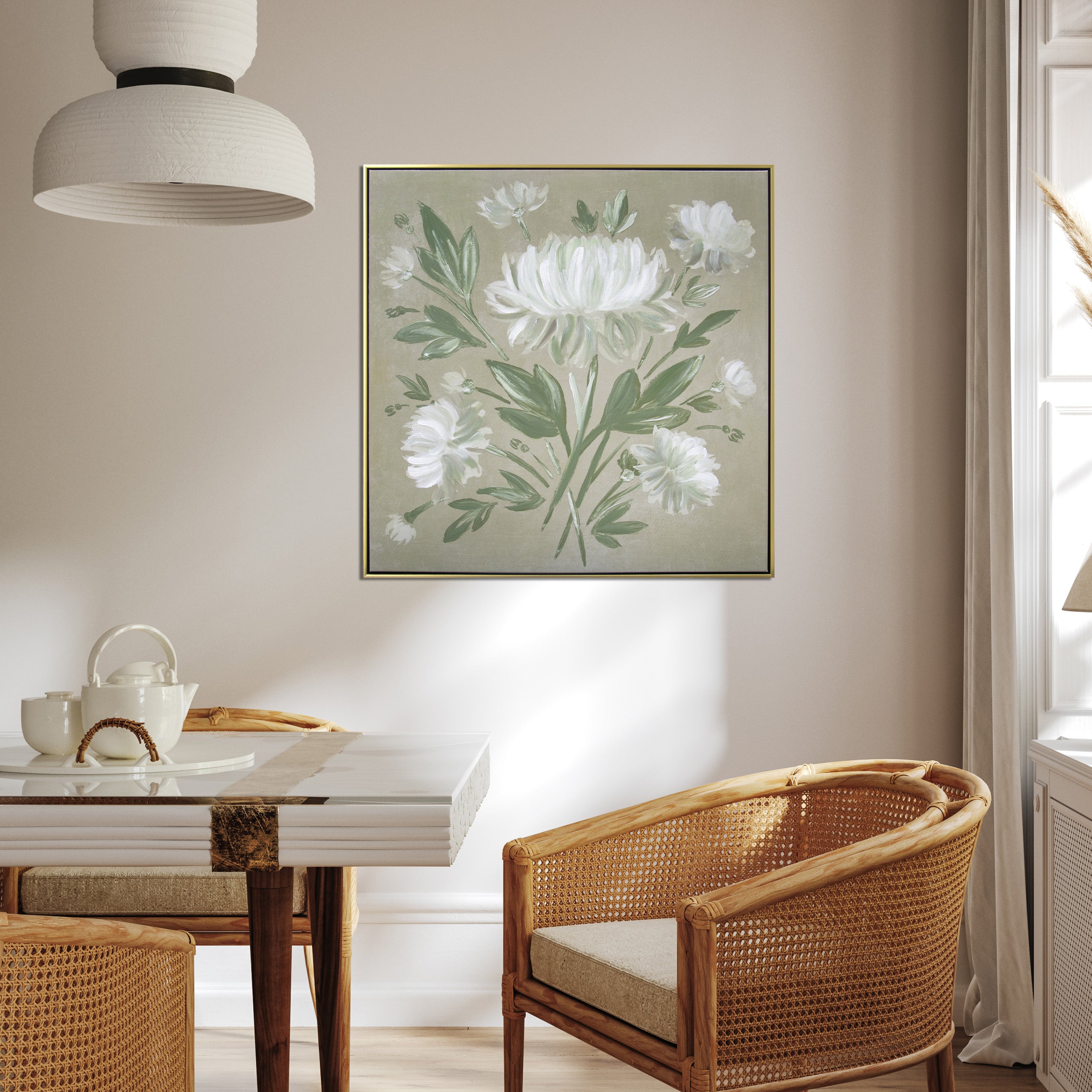 White Flower Bouquet Hand Painted Floating Framed Wall Art Print 30x30 Inches