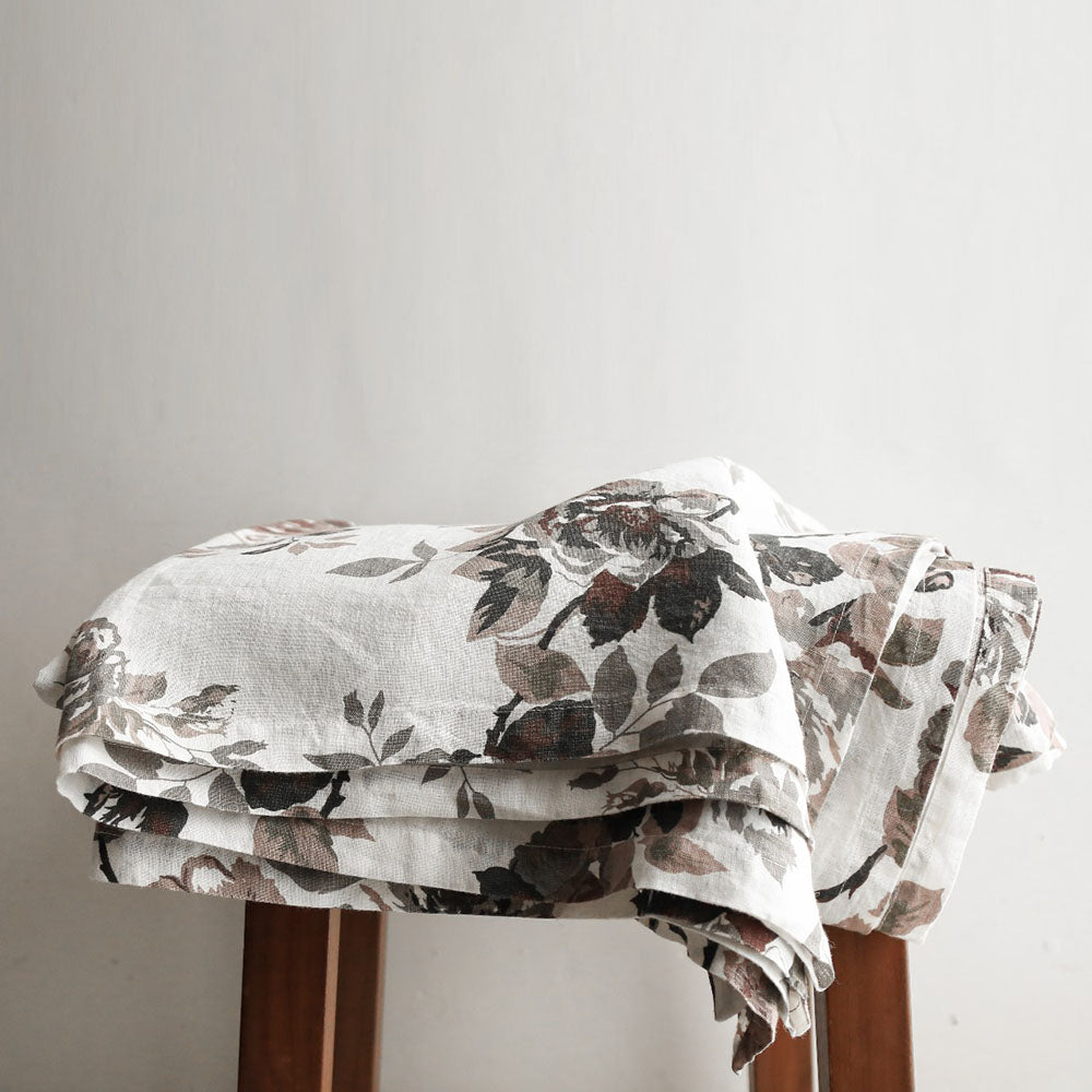Handcrafted Linen Roses Tablecloth in Eggplant and Grey, 70 x 108 in