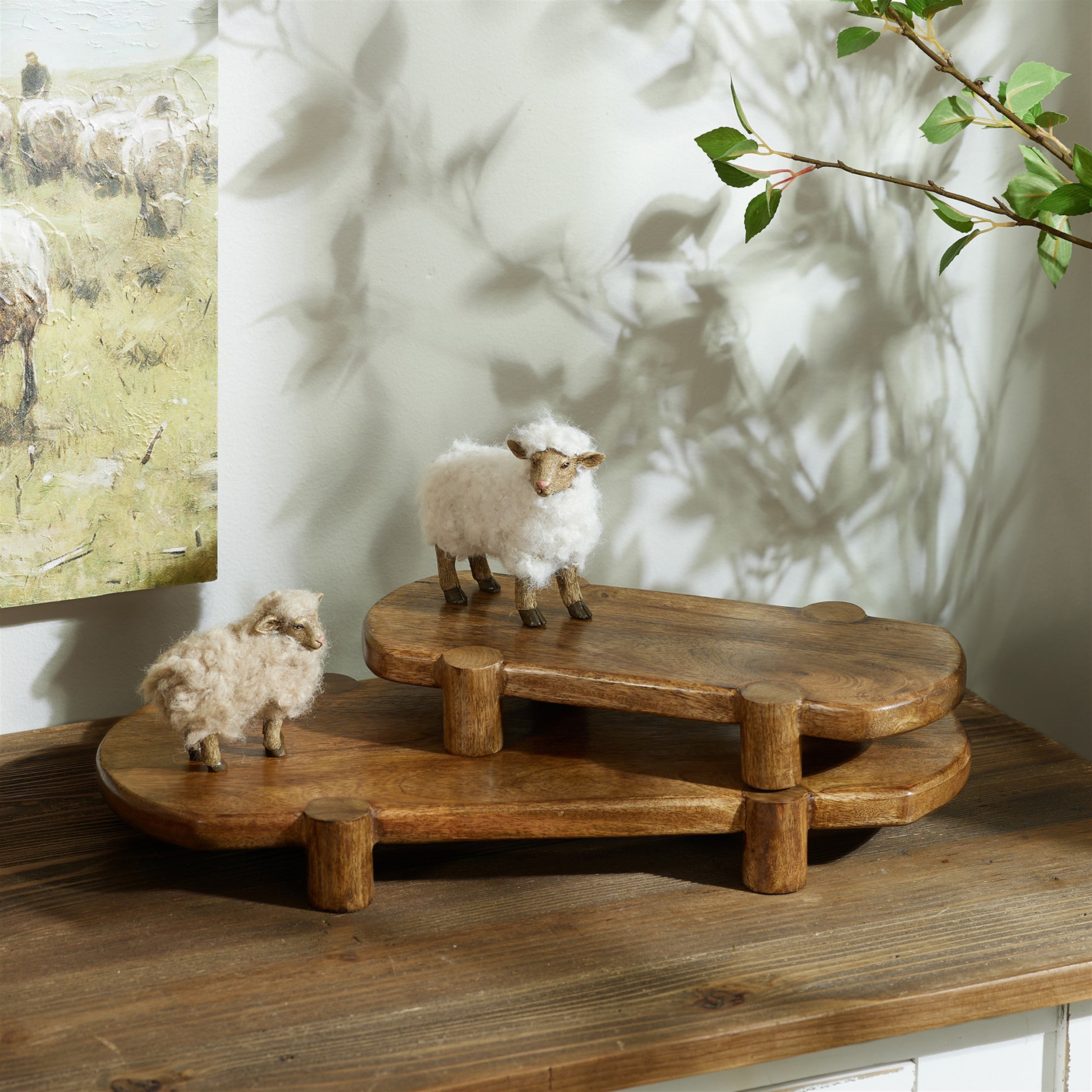 Mango Wood Pedestal Tray, Set of 2